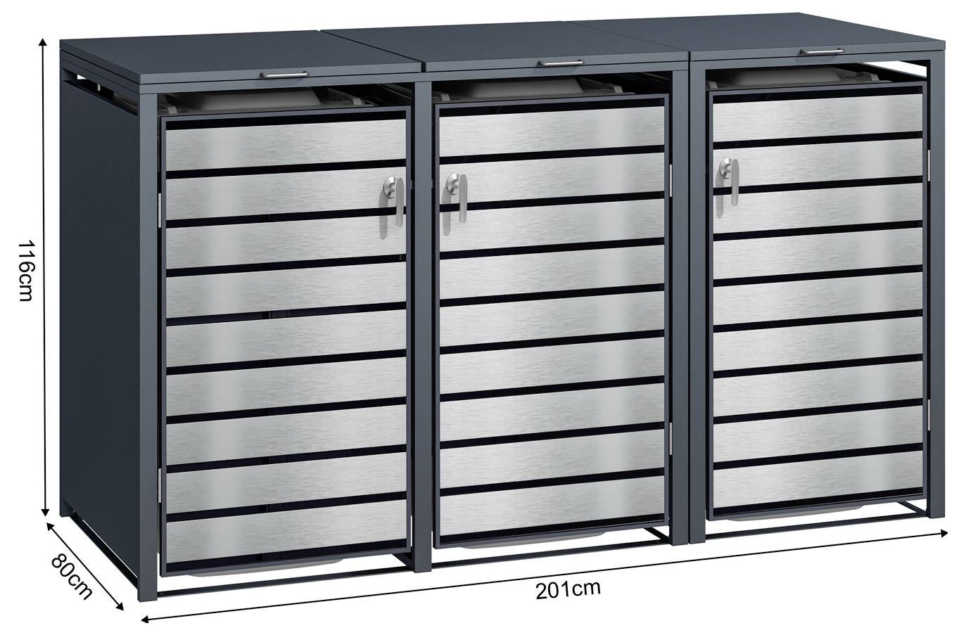 Dreiseitiger Außenlagerungsschrank mit Metalllattenfront, 201 cm breit, 80 cm tief und 116 cm hoch.