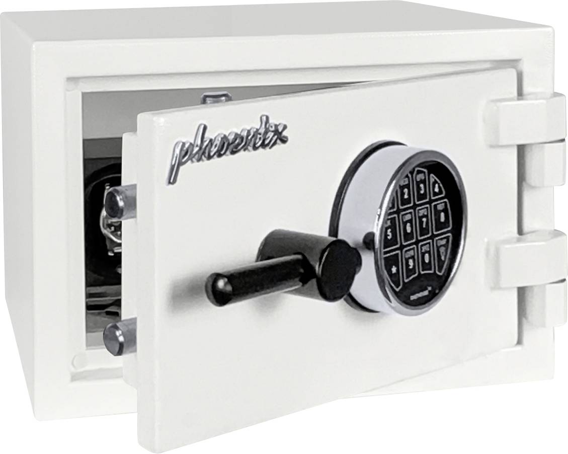 Weiße Phoenix-Elektroniktsafes mit offener Tür, die eine Tastatur und einen Griff an der Vorderseite zeigt.