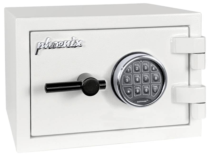 Weiße Phoenix-Safes mit elektronischem Tastenfeld-Schloss und Griff, geschlossen auf einfachem Hintergrund dargestellt.