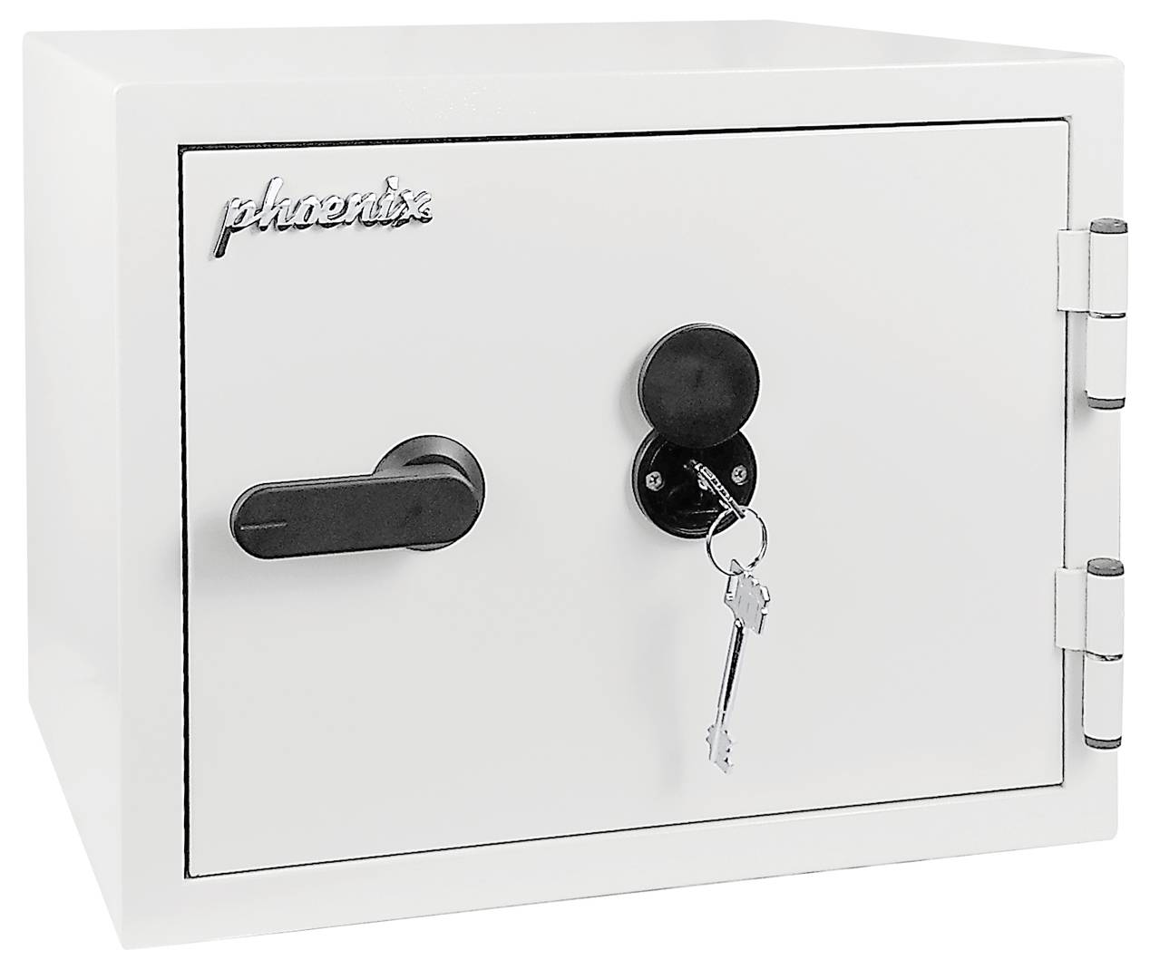 Weiße Phönixe Safes mit schwarzem Griff und Schlüssel im Schloss, Vorderansicht auf einfachem Hintergrund.