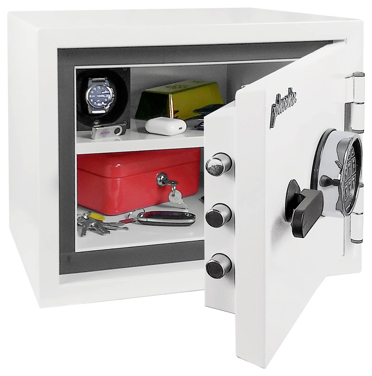 Offener weißer Tresor mit Tastaturwahl und sichtbaren Wertsachen im Inneren, einschließlich einer roten Lockbox, einer Uhr, Schlüsseln und kleinen Elektronikgeräten.