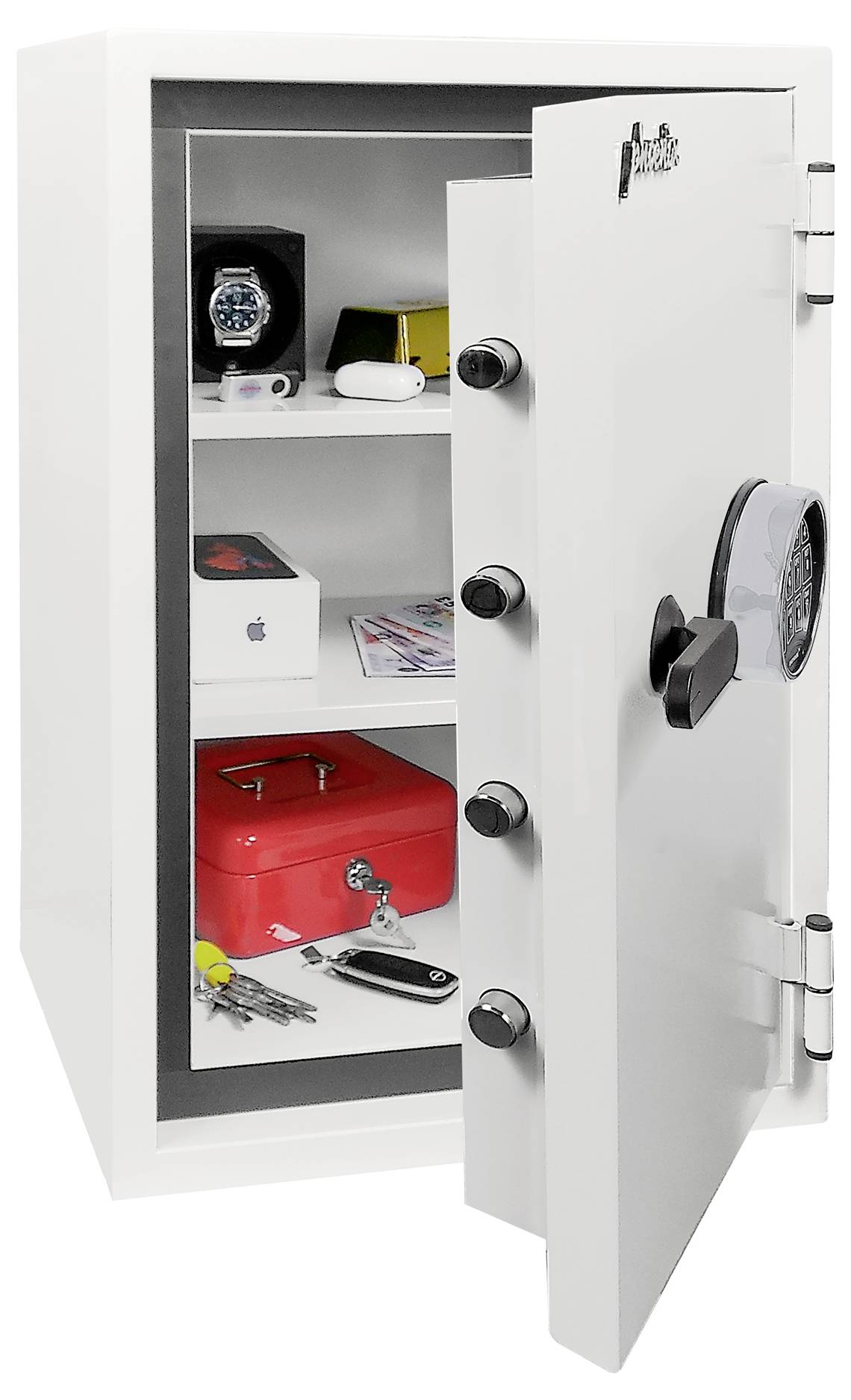 Offnen Sie den weißen Safe mit Kombinationsschloss, der eine Uhr, eine Apple-Box, Papiere, Werkzeuge und einen roten Koffer auf Regalen enthält.