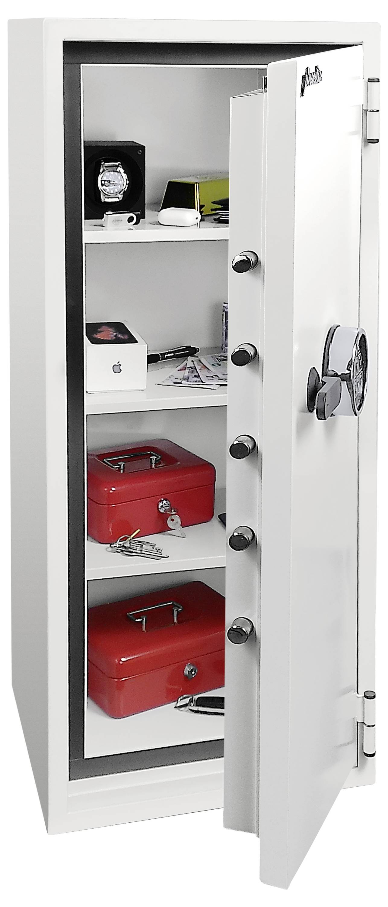 Offener weißer Safe mit Regalen, die eine Uhrenbox, Papiere, einen Laptop und zwei rote Lockboxen halten; die Tür ist offen.