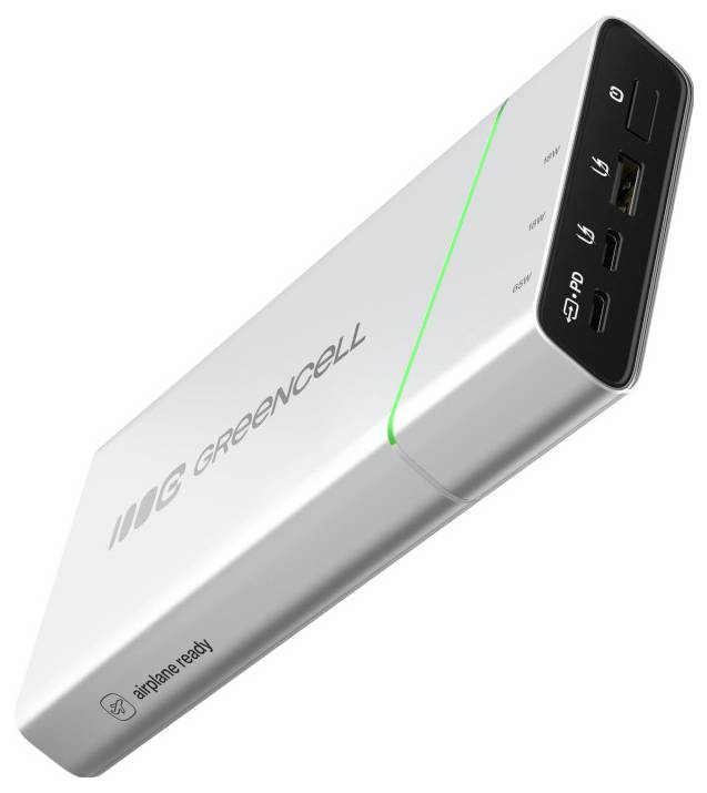 Silberne GreenCell Powerbank mit LED-Batterieanzeige, USB-A- und USB-C-Anschlüssen und Kennzeichnung „flugzeugtauglich