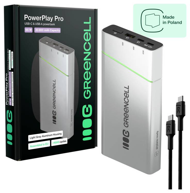 Green Cell PowerPlay Pro 65W USB-C/USB-A Powerbank, 20.000 mAh, mit USB-C-Kabel; Produkt in Hellgrau abgebildet, hergestellt in Polen