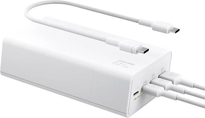 Weiß Ladehub mit mehreren USB-Anschlüssen und angeschlossenen Kabeln, einschließlich eines USB-C-Kabels oben