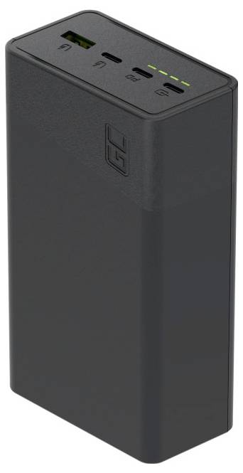Schwarze tragbare Powerbank mit USB-Anschluss, vier LED-Batterieanzeigelichter und versenkte Tasten am oberen Rand