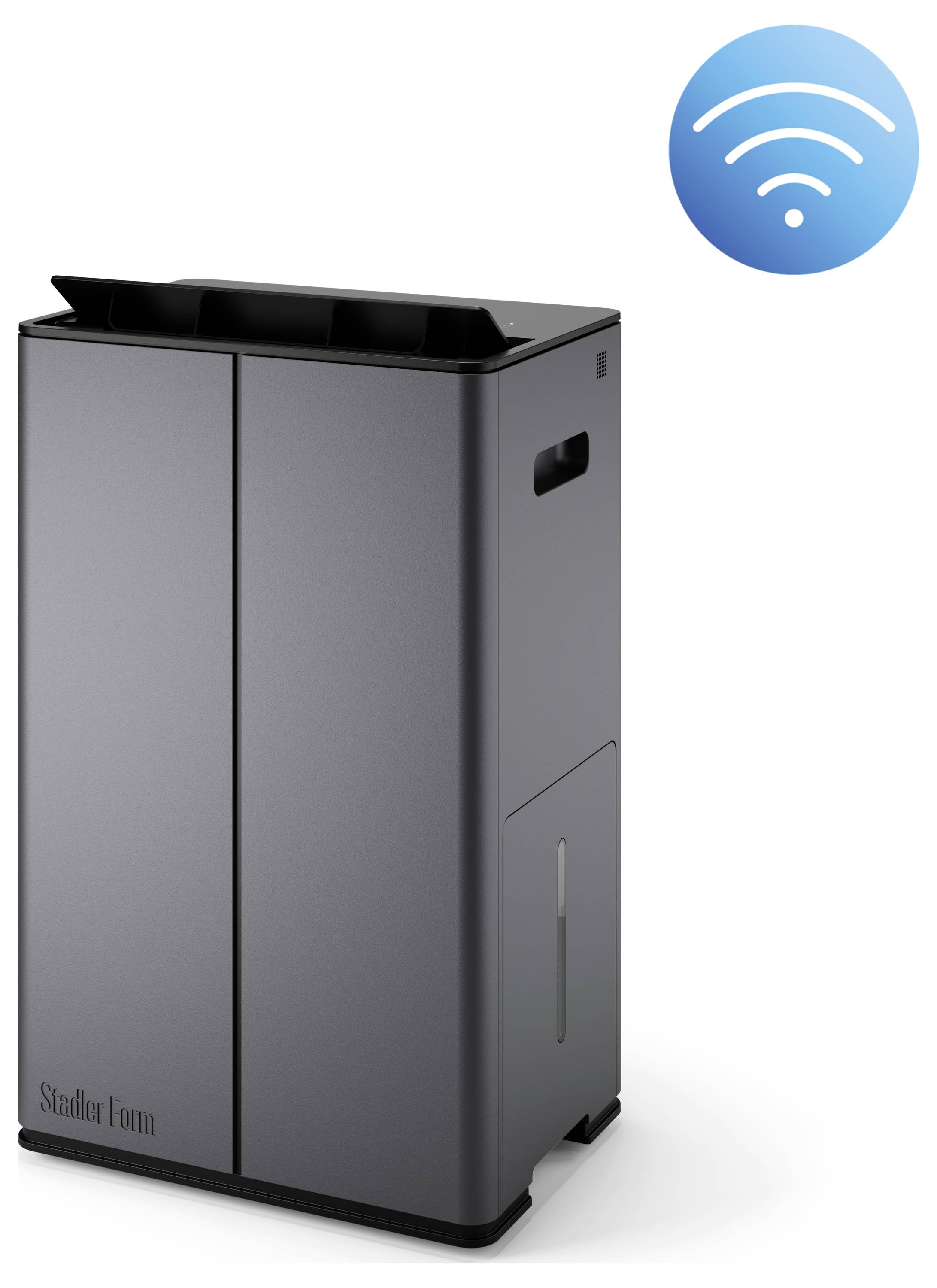 Ein schwarzer Stadler Form Luftreiniger mit einem blauen Wi-Fi-Symbol, das ein verbundenes intelligentes Gerät anzeigt.