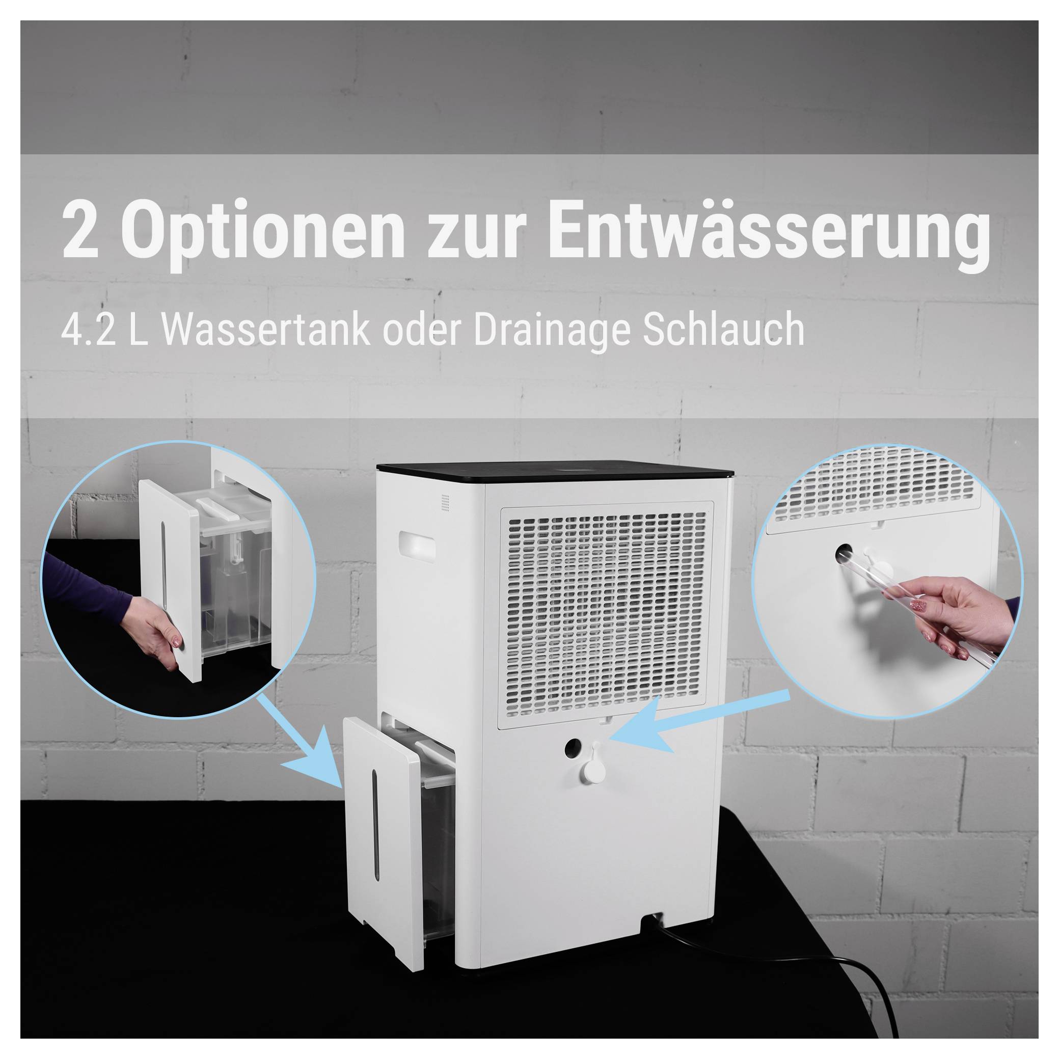 Infografik zeigt Entfeuchtungsoptionen: '2 Optionen zur Entwässerung'—4,2 L Wassertank oder Entwässerungsschlauch, mit eingefügten Bildern des Tanks und der Schlauchverbindung.