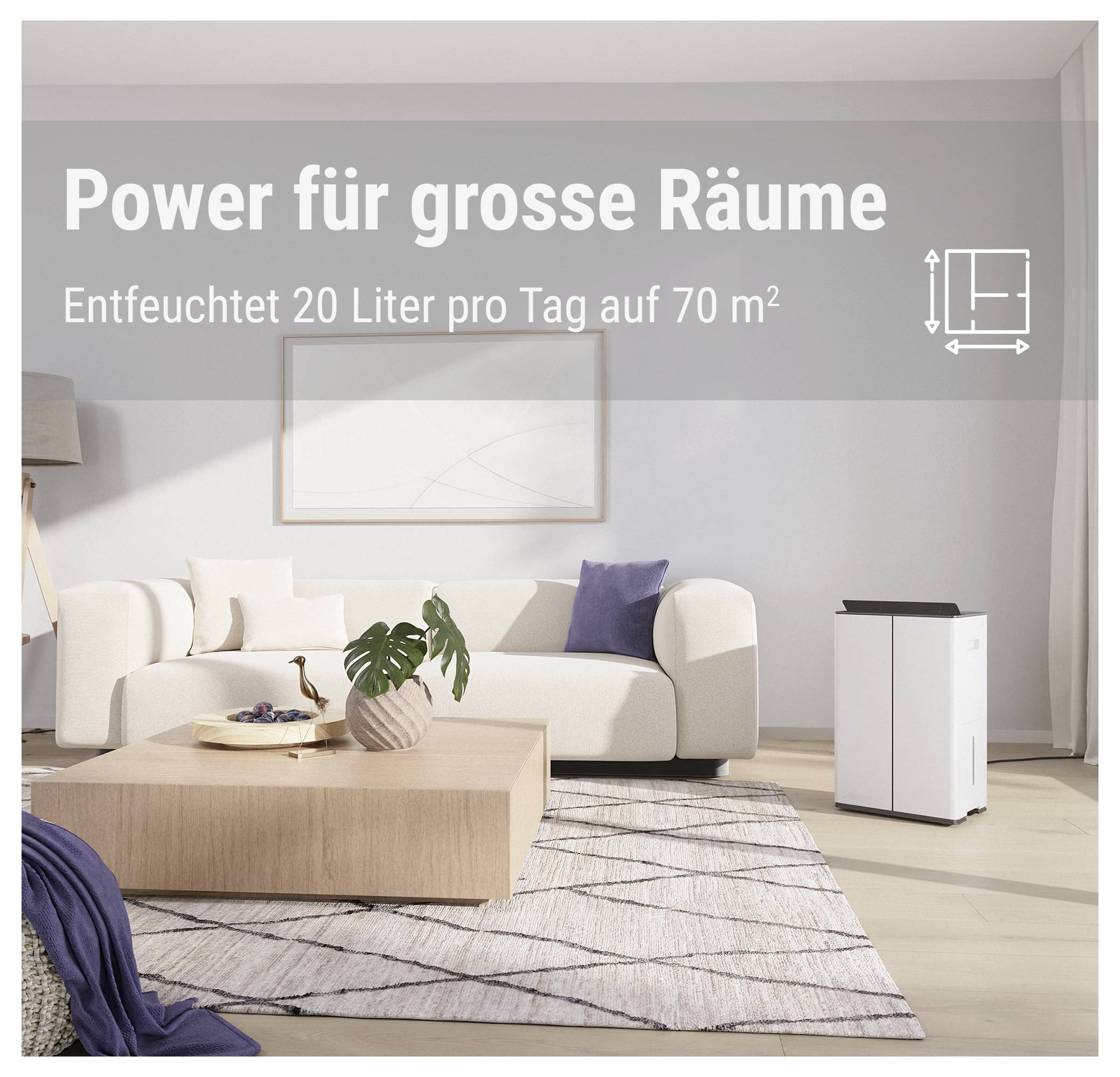 Kraft für große RäumeEntfeuchtet 20 Liter pro Tag auf 70 m²