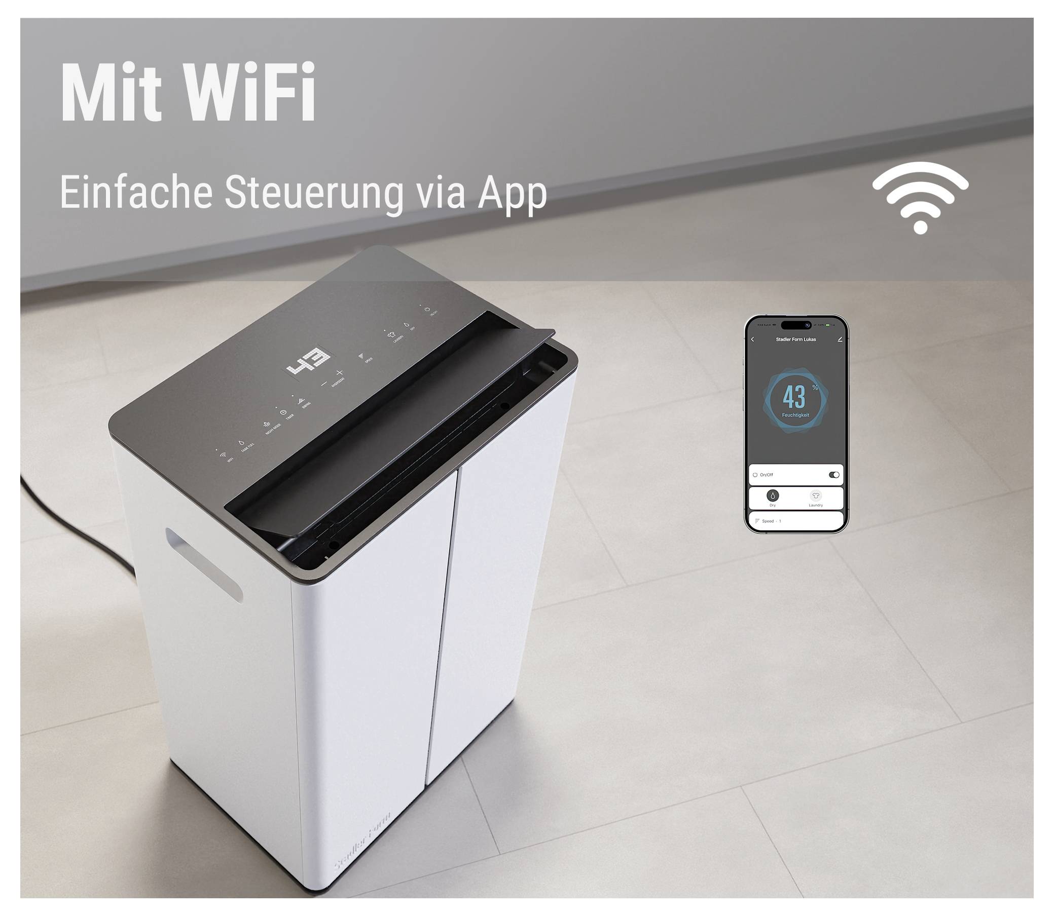 WiFi-fähiger Luftreiniger mit App-Steuerung auf einem Smartphone dargestellt, beschriftet mit „Mit WiFi