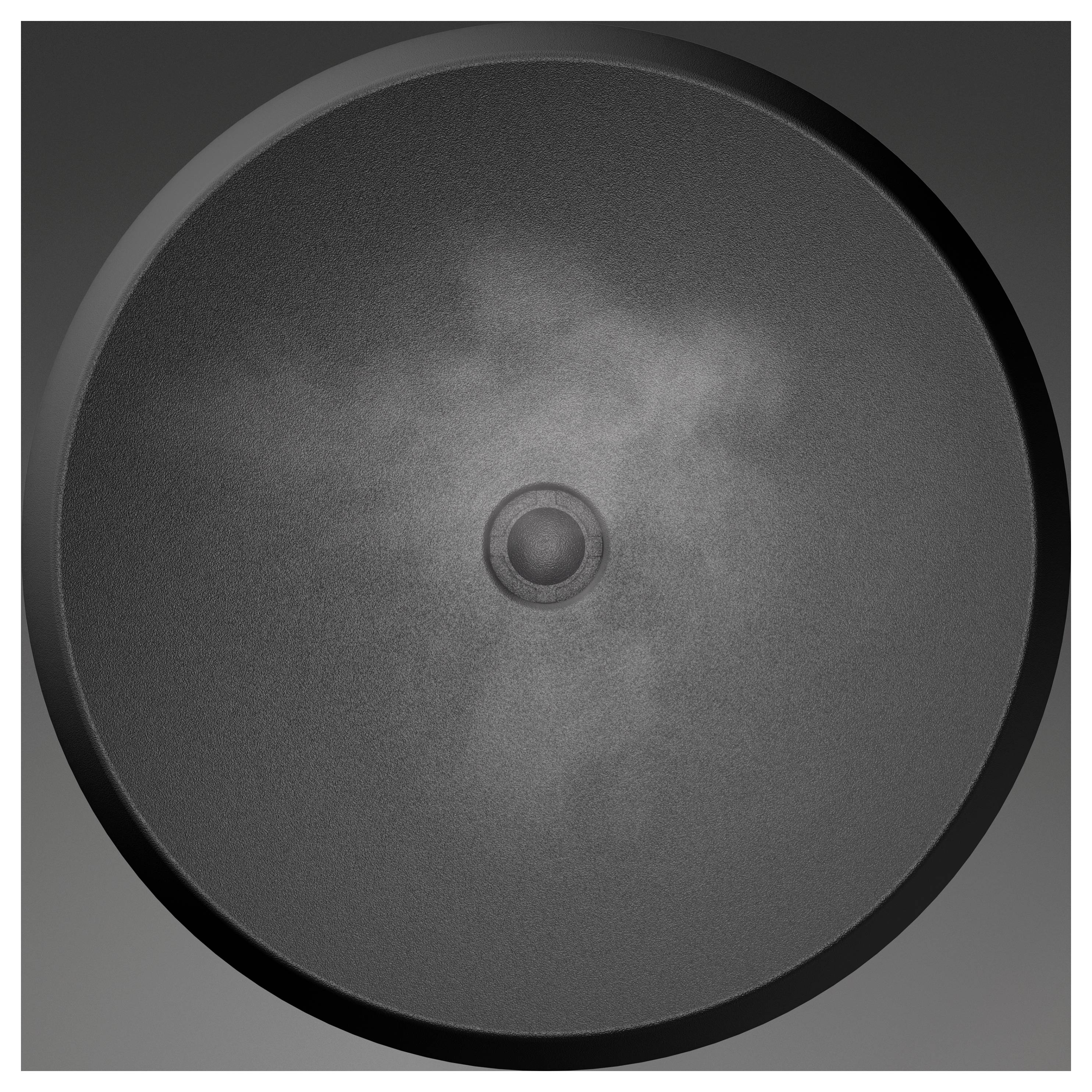 Nahaufnahme eines dunkelgrauen kreisförmigen Lautsprecher- oder Subwoofer-Konus mit einer kleinen zentralen Wölbung, vor einem einfachen Hintergrund dargestellt.
