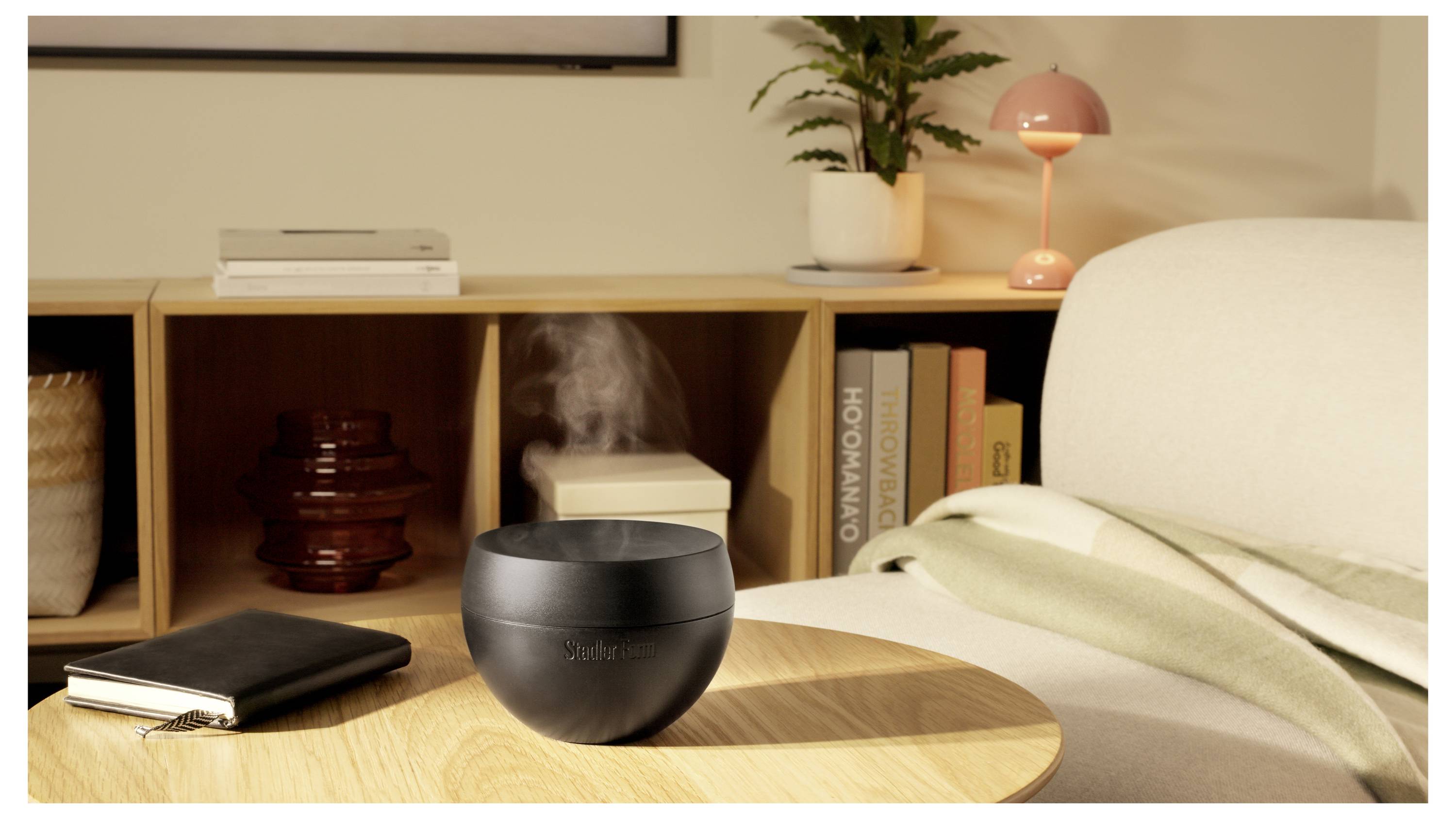 Ein schwarzer kugelförmiger Tischluftbefeuchter auf einem Holztisch in einem gemütlichen Wohnzimmer, mit einem Regal, einer Lampe, einer Pflanze und einem Sofa im Hintergrund.
