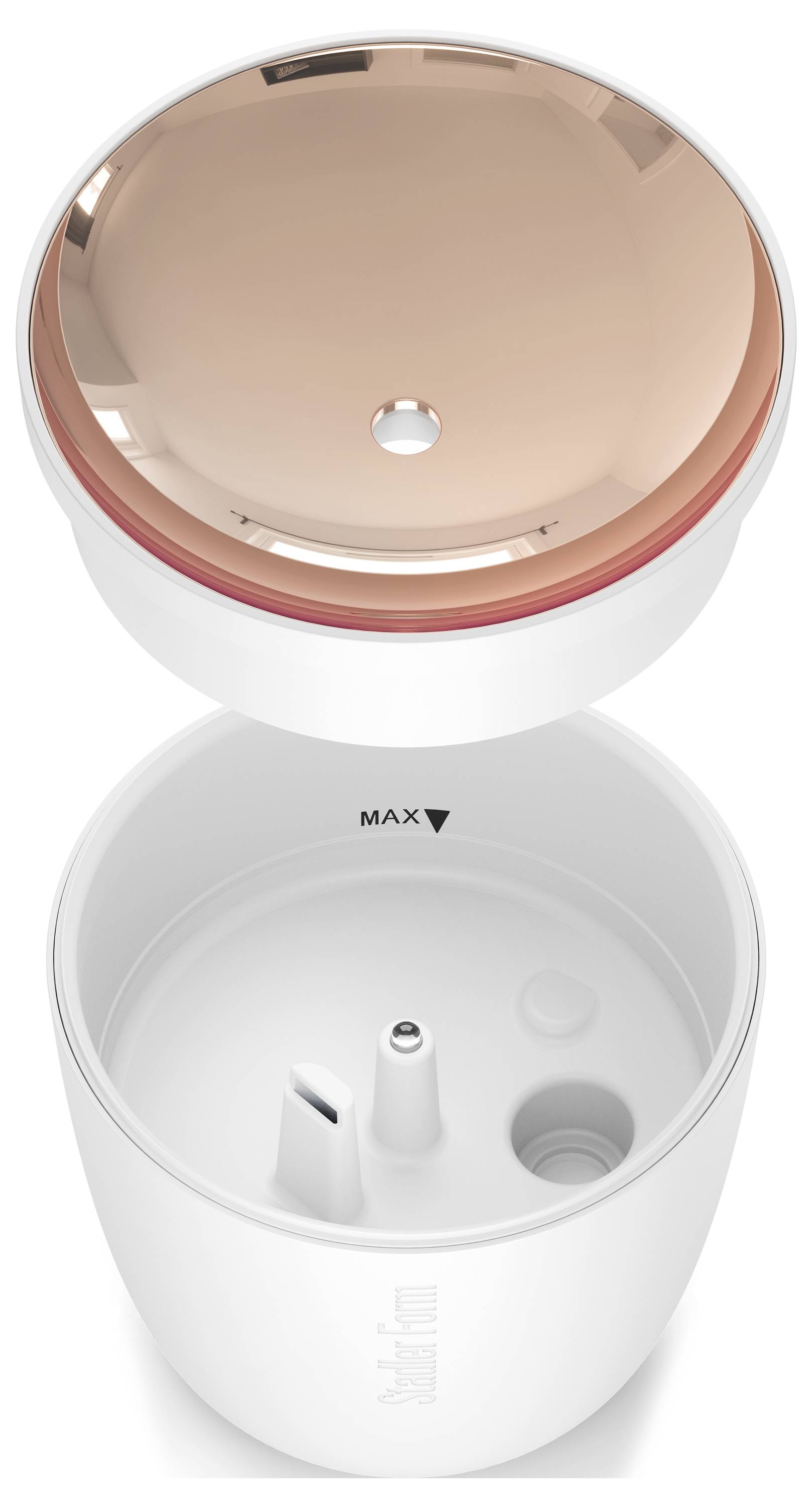 Offener weißer Luftbefeuchter oder Diffuser mit entferntem roségoldenem Deckelaufsatz, der das Wasserreservoir und die „MAX