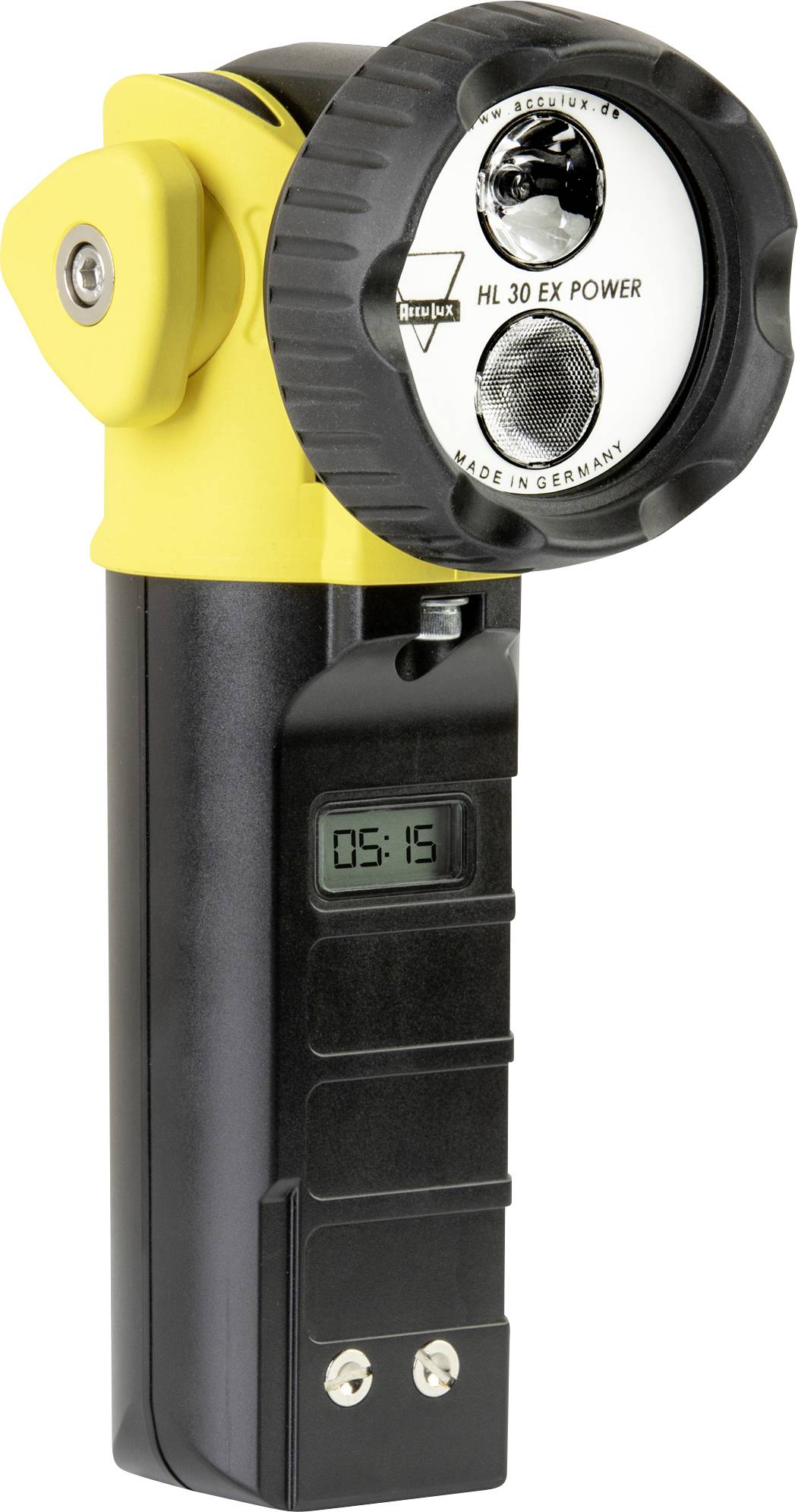 Gelbe und schwarze tragbare Taschenlampe mit großem Kopf, digitale Anzeige zeigt 05:15 an, und zwei Tasten am Griff.