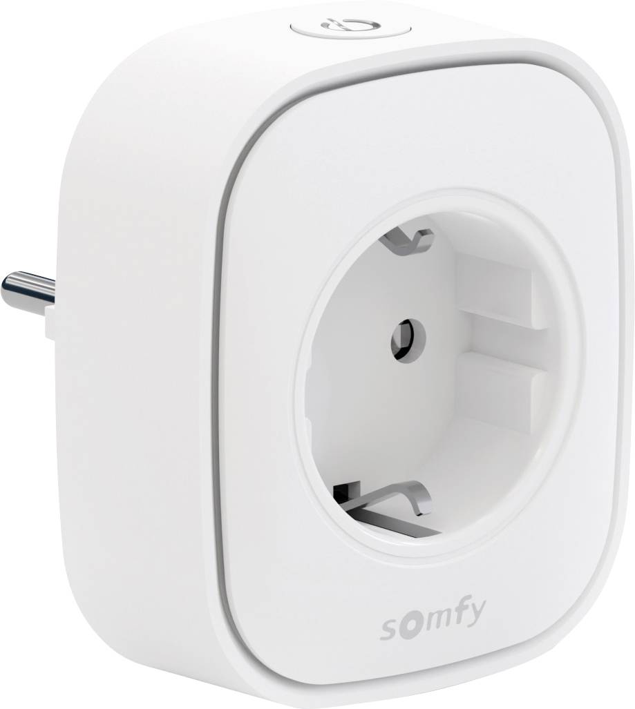Weißer Somfy Smart-Plug-Adapter mit rundem europäischem Stecker, dargestellt in Produktansicht auf weißem Hintergrund.