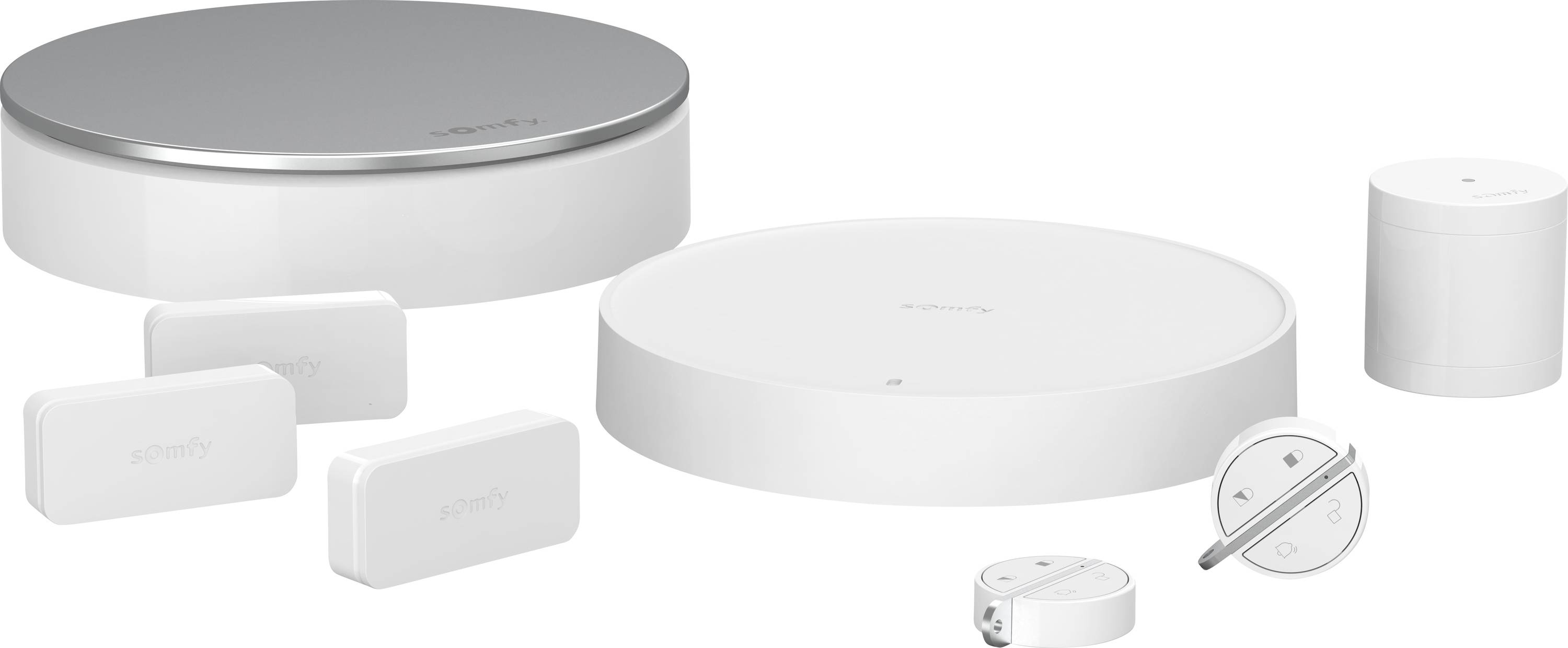 Zwei runde intelligente Smart-Home-Hubs und mehrere kleine kabellose Sensoren auf weißem Hintergrund, die ein vernetztes Sicherheits- oder Automatisierungssystem zeigen.