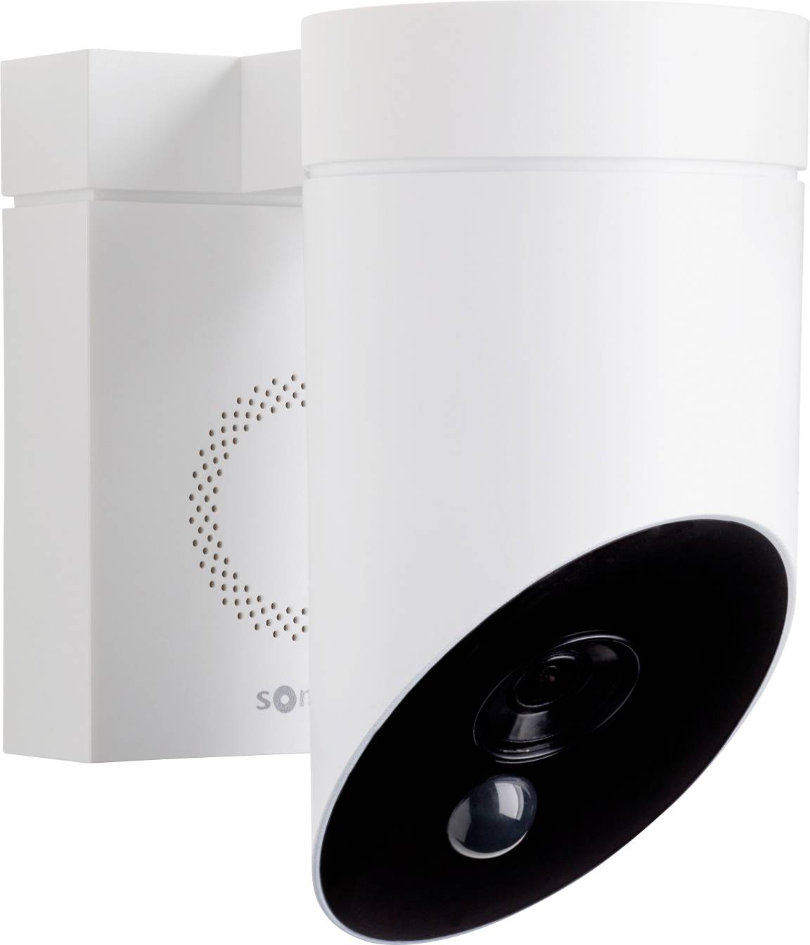 Weißer zylindrischer Smart-Speaker mit schwarzer geneigter Frontseite und linsenähnlicher Öffnung, neben seiner Produktbox dargestellt.