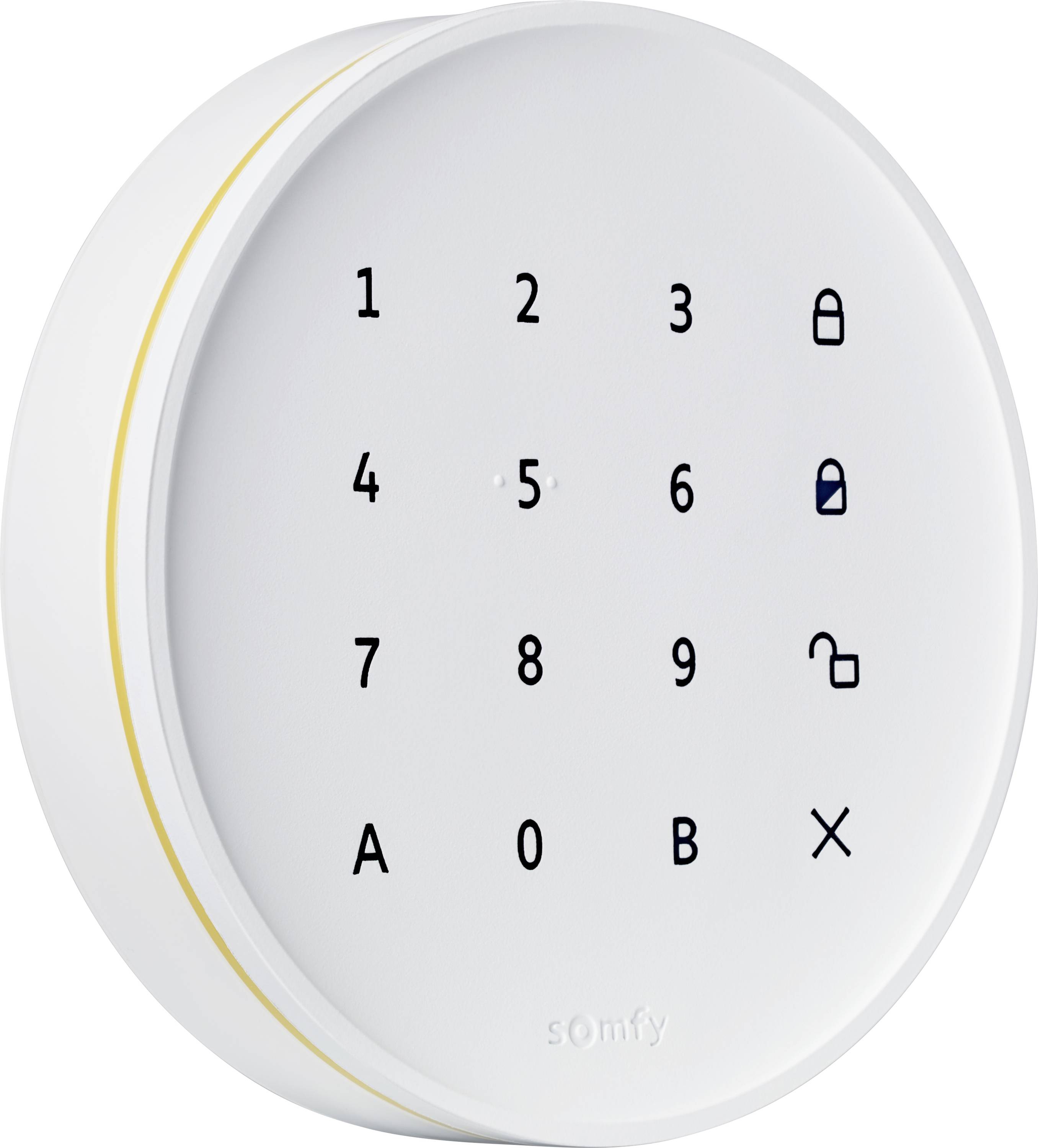 Rundes Somfy-Elektronik-Tastenfeld mit den Nummern 1-9, A, 0, B und Symbolen für Verriegeln/Entriegeln für Tür- oder Sicherheitszugang.
