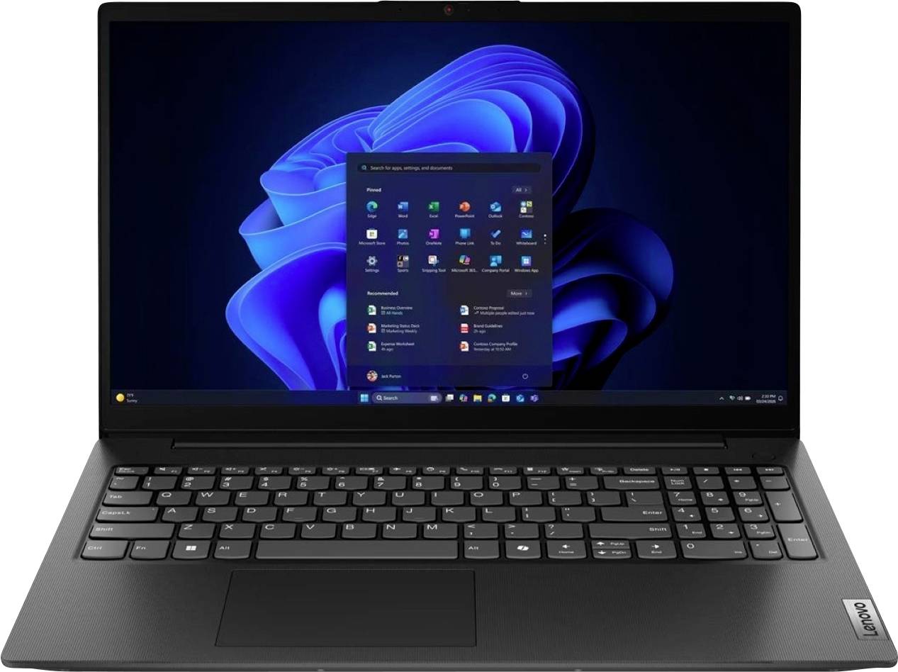Lenovo-Laptop zeigt Windows 11-Desktop mit geöffnetem Startmenü auf blauem abstraktem Hintergrund.
