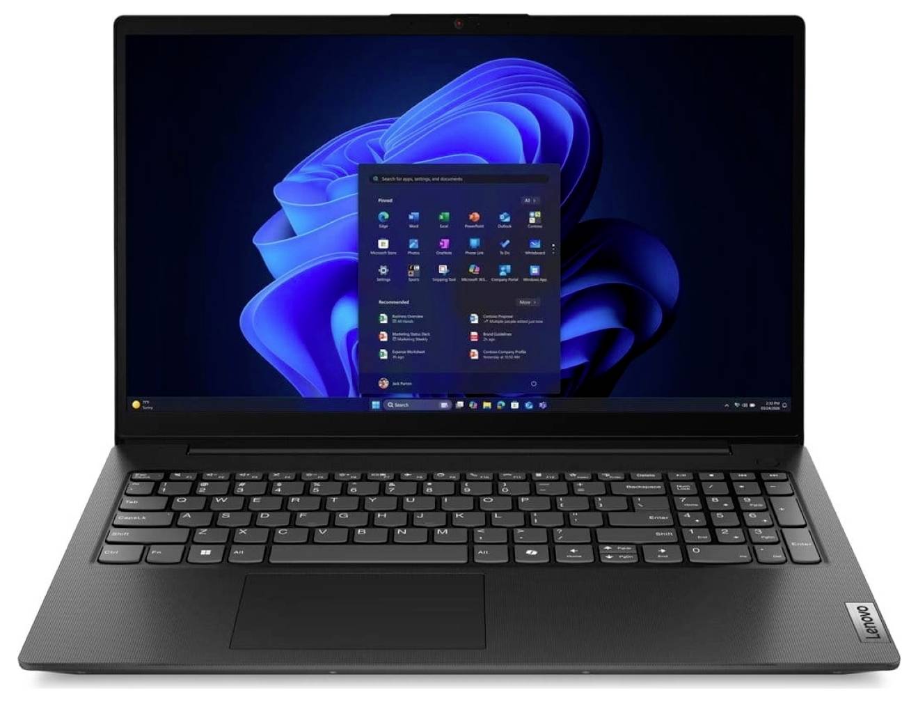 Schwarzer Lenovo-Laptop, der den Windows-11-Desktop mit geöffnetem Startmenü auf dem Bildschirm anzeigt.