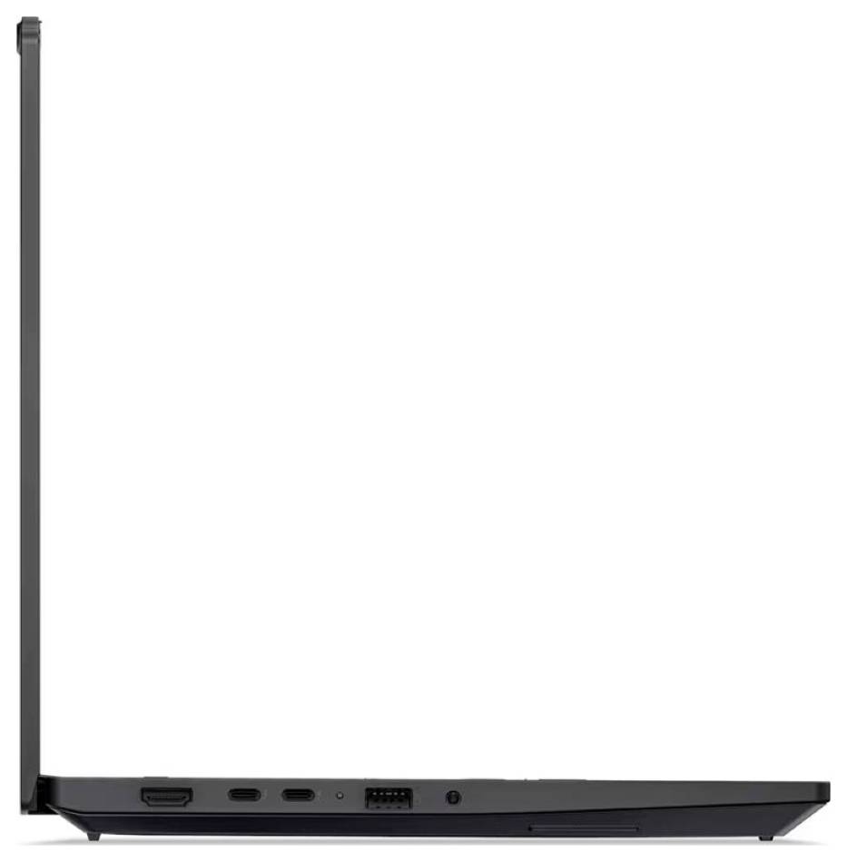 Seitenansicht eines geschlossenen schwarzen Laptops, der die linke Kante mit HDMI-, USB-Anschlüssen und einer Strombuchse zeigt.