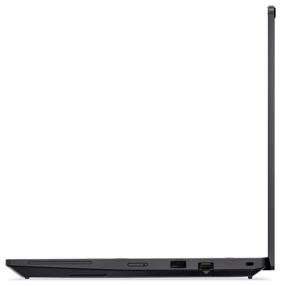 Seitenansicht eines schwarzen Laptops, geschlossen dargestellt mit einem Scharnier oder einer Antenne, die auf einer Seite nach oben ausgestreckt ist.