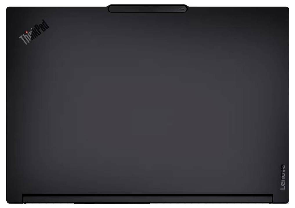 Geschlossener schwarzer Lenovo ThinkPad Laptop mit zentriertem oberen Scharnier und ThinkPad-Logo oben links.