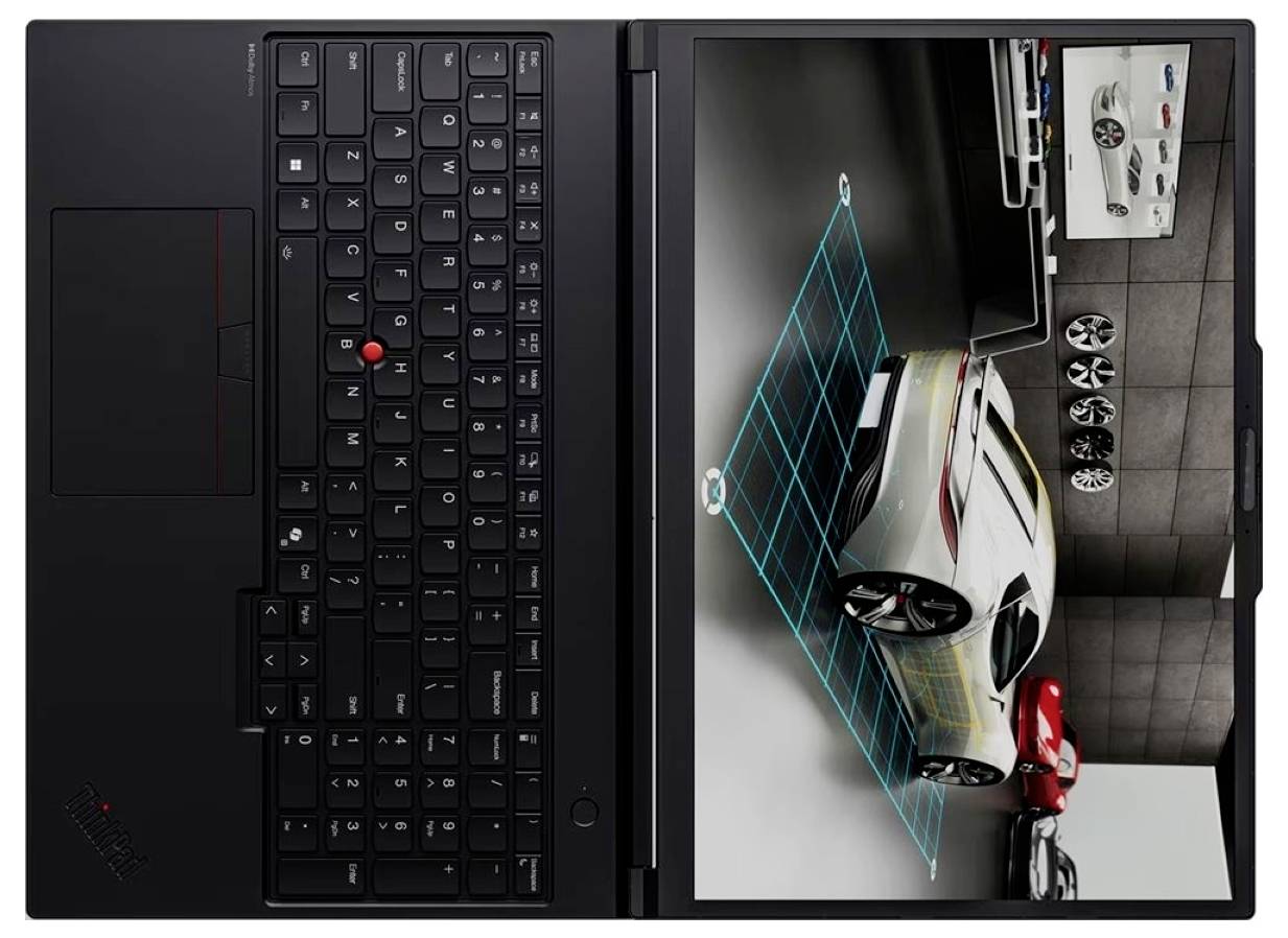 Laptop, das offen gezeigt wird, mit Tastatur und Trackpad auf der linken Seite und einem Auto-Design/einer Auto-Darstellung auf dem Bildschirm auf der rechten Seite.