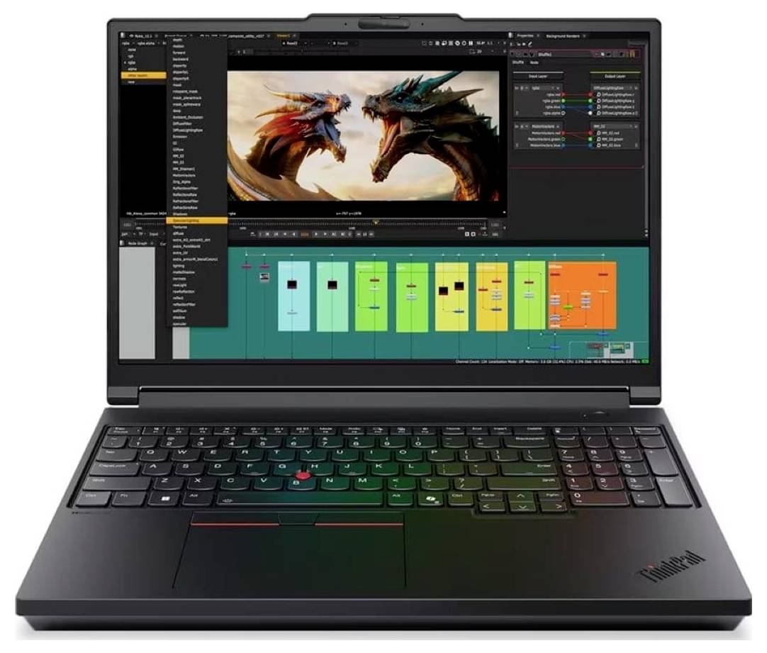 Laptop zeigt professionelle Videobearbeitungssoftware mit einer Drachen-Szenen-Vorschau und einer farbcodierten Multi-Track-Timeline darunter.