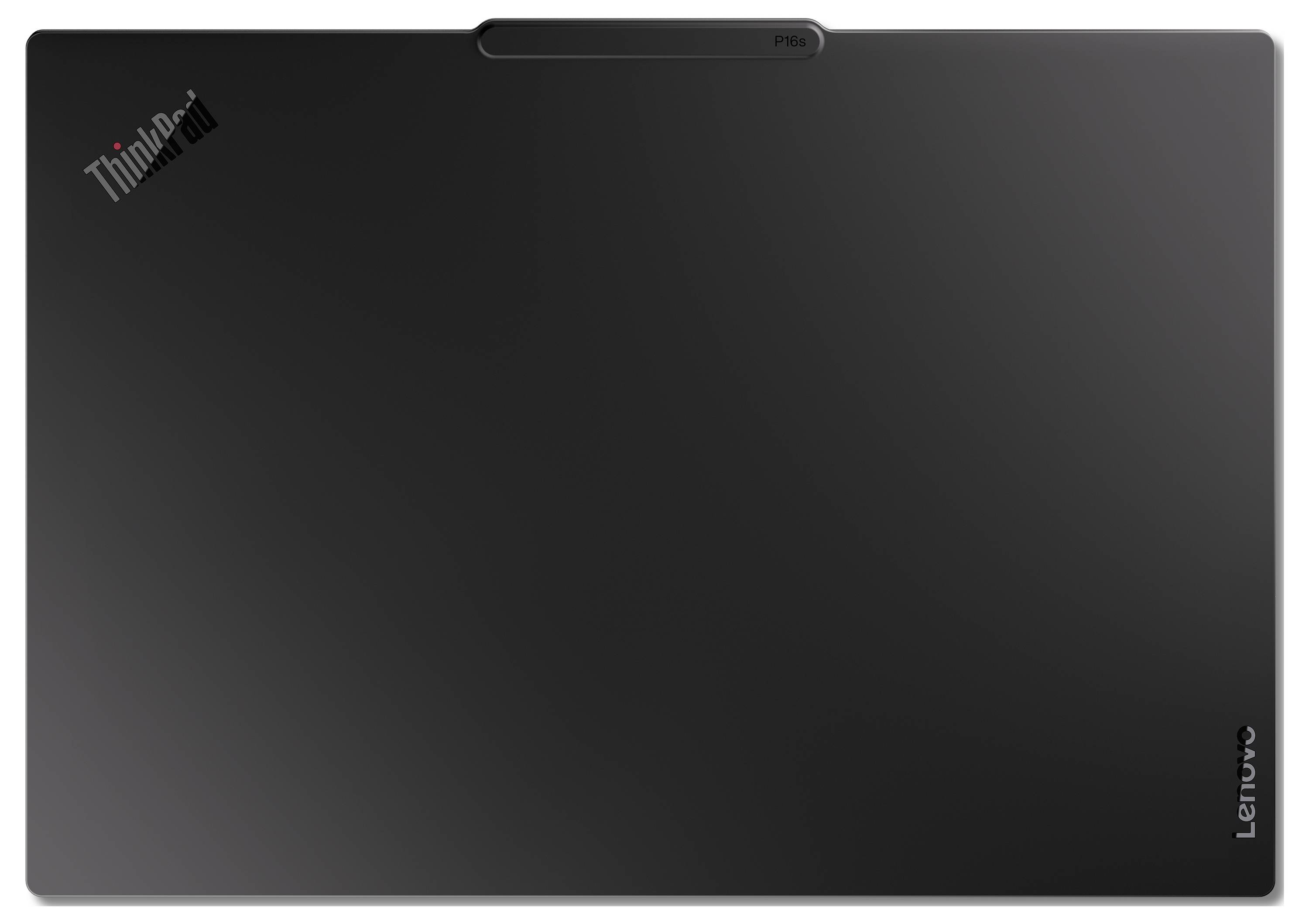 Schwarzer Lenovo ThinkPad-Laptop-Deckel von oben betrachtet, mit ThinkPad-Logo oben links und Lenovo-Branding auf der rechten Kante.