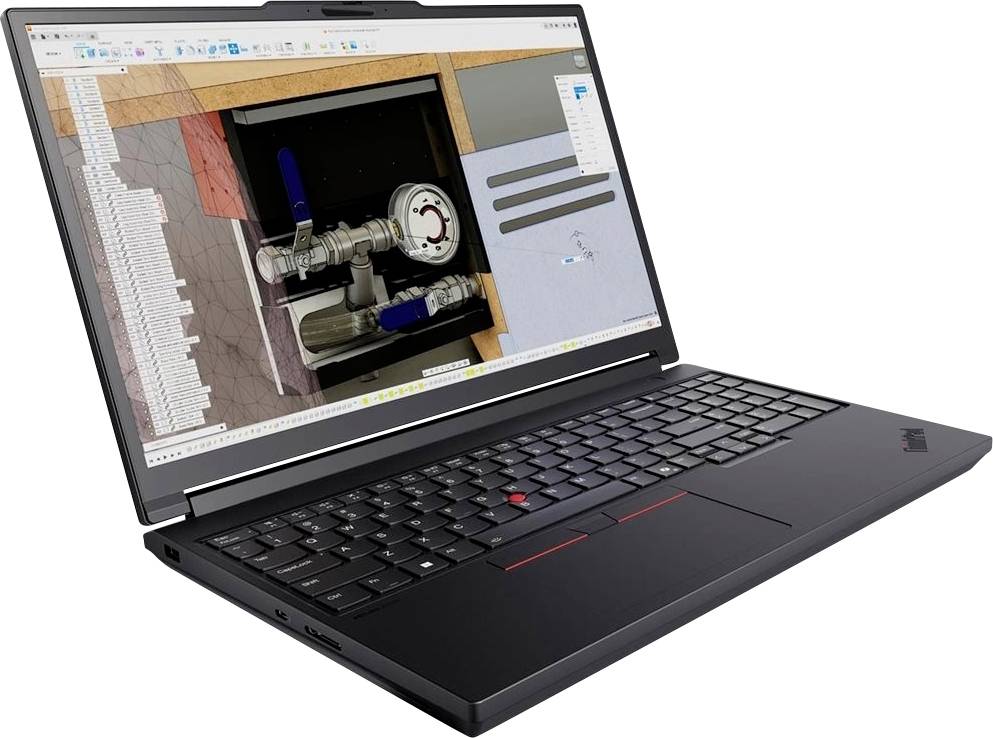Schwarzer Laptop mit CAD-Software auf dem Bildschirm, die eine 3D-Schnittdarstellung einer mechanischen Baugruppe und ein Messinstrument im Arbeitsbereich zeigt.