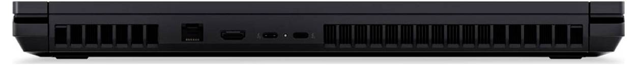 Frontansicht eines schwarzen Laptops oder Geräterandes mit Lüftungsgittern und Anschlüssen, einschließlich USB- und Audioverbindungen.