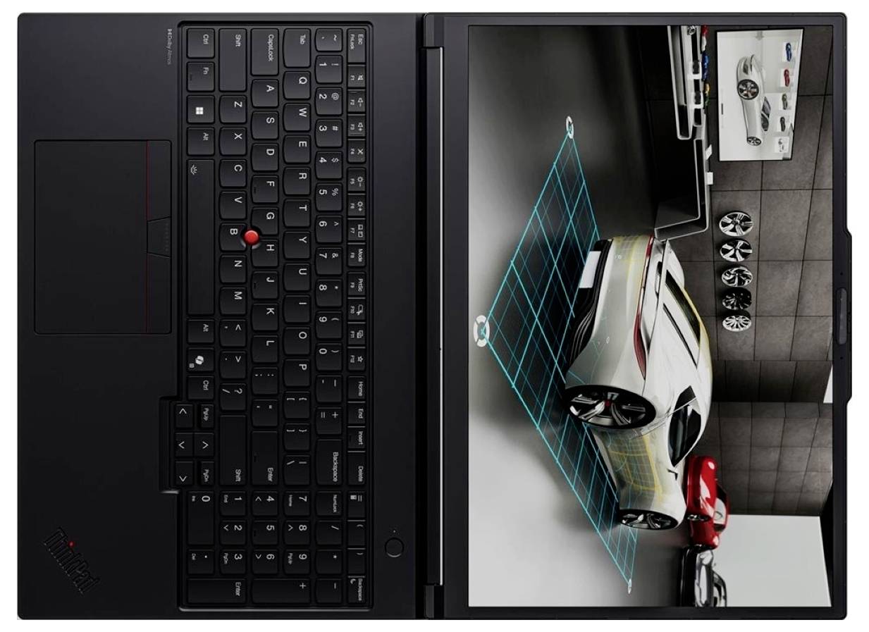 Offener Laptop zeigt ein 3D-Autodesign/eine 3D-Rendering auf dem Bildschirm, mit einer daneben sichtbaren Tastatur und einem Touchpad.