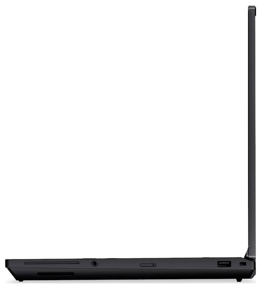 Seitenansicht eines schlanken schwarzen Laptops mit geöffnetem Bildschirm in fast aufrechter Position, die sein dünnes Profil und die Anschlüsse auf einfachem weißem Hintergrund zeigt.