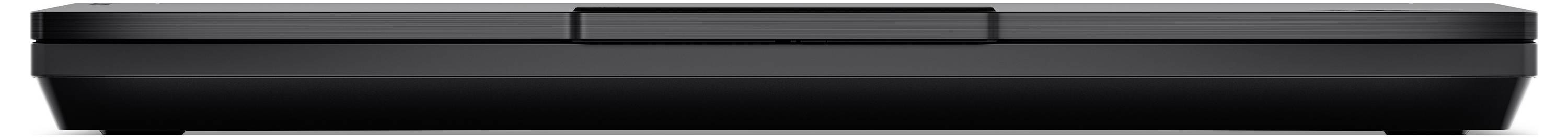 Ein schlanker schwarzer Laptop, geschlossen in Seitenansicht gezeigt, der sein dünnes Profil betont.