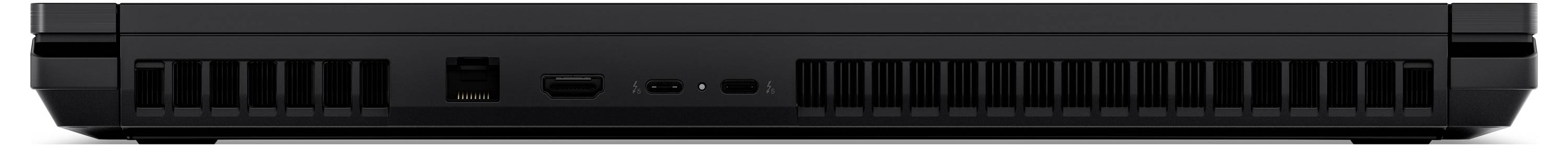 Nahaufnahme der Vorderkante eines schwarzen Laptops, die seine Anschlüsse, Lüftungsschlitze und Anzeigelampen zeigt.