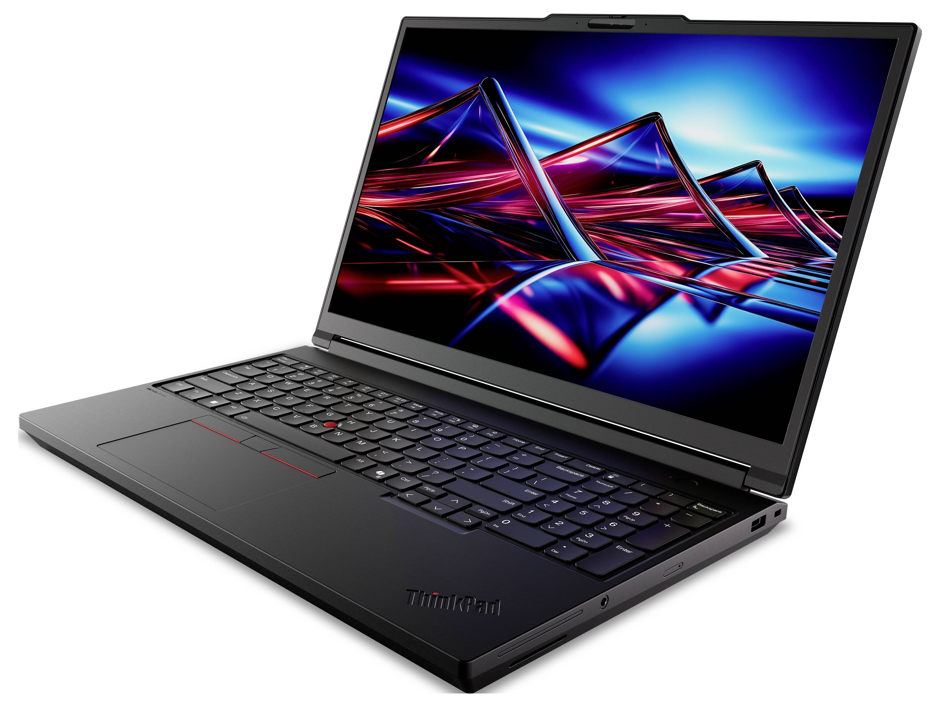 Black ThinkPad Laptop im Winkel geöffnet, zeigt ein lebendiges blau-rotes abstraktes Display auf dem Bildschirm.
