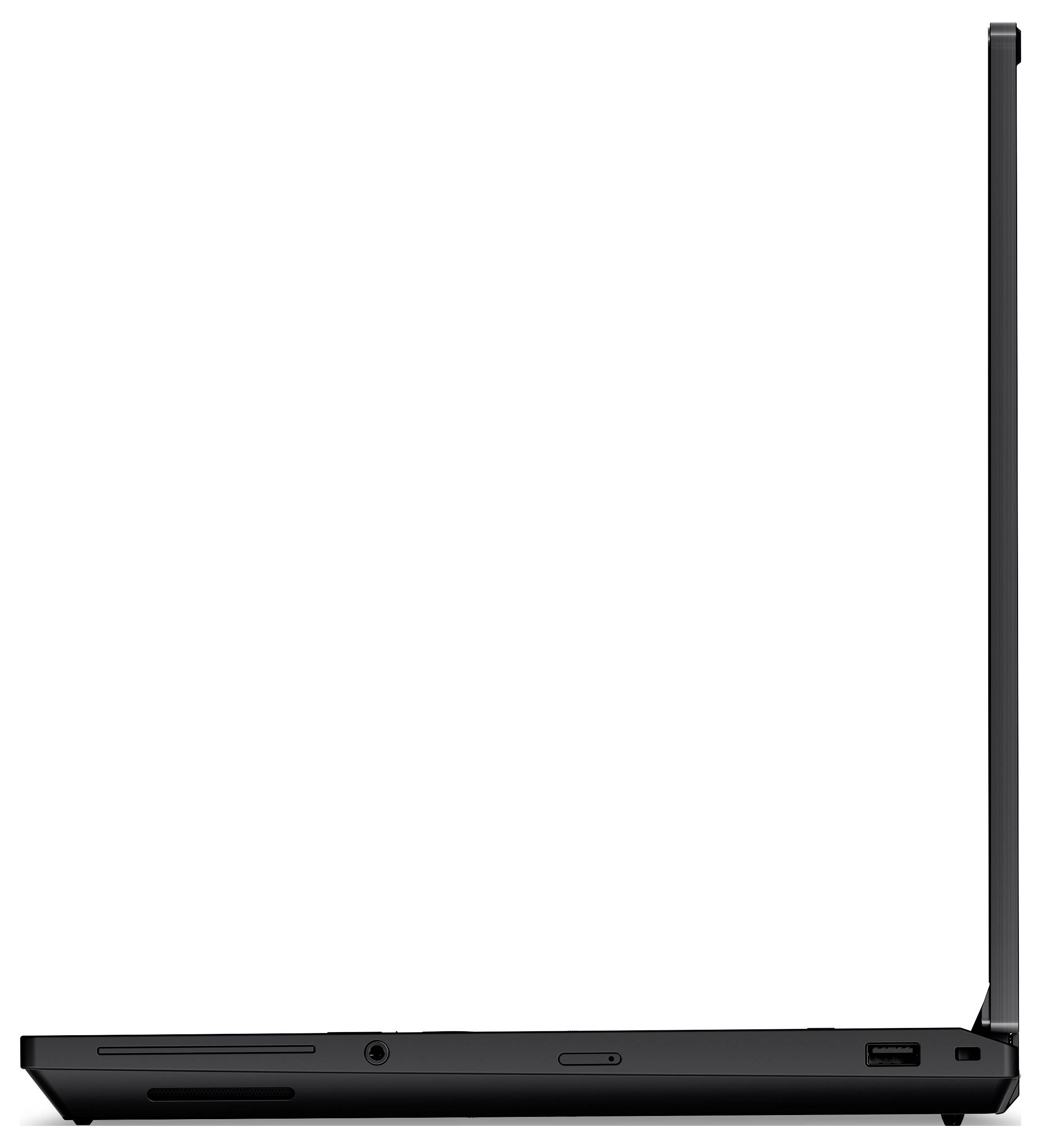 Seitenansicht eines schwarzen Laptops mit fast vertikal geöffnetem Bildschirm, wobei die schlanke Basis, die Anschlüsse und das Scharnier sichtbar sind.