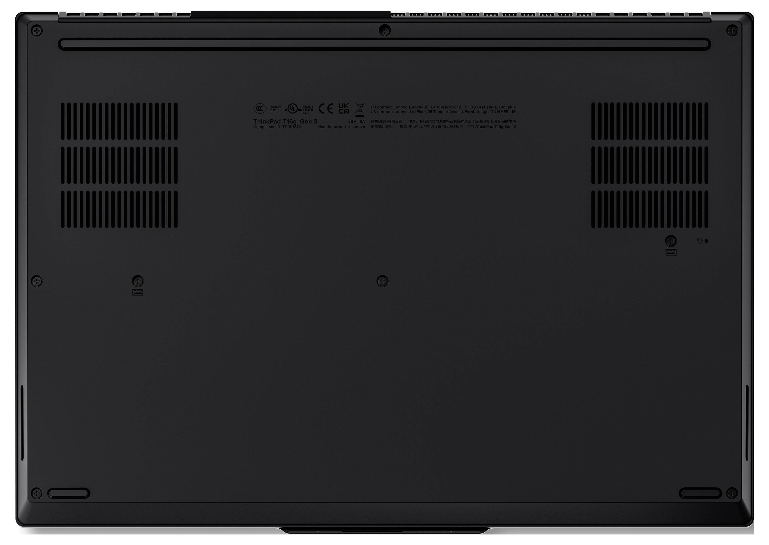 Unteransicht eines Laptops mit Belüftungsgittern, Gummifüßen und Schraubkappen.