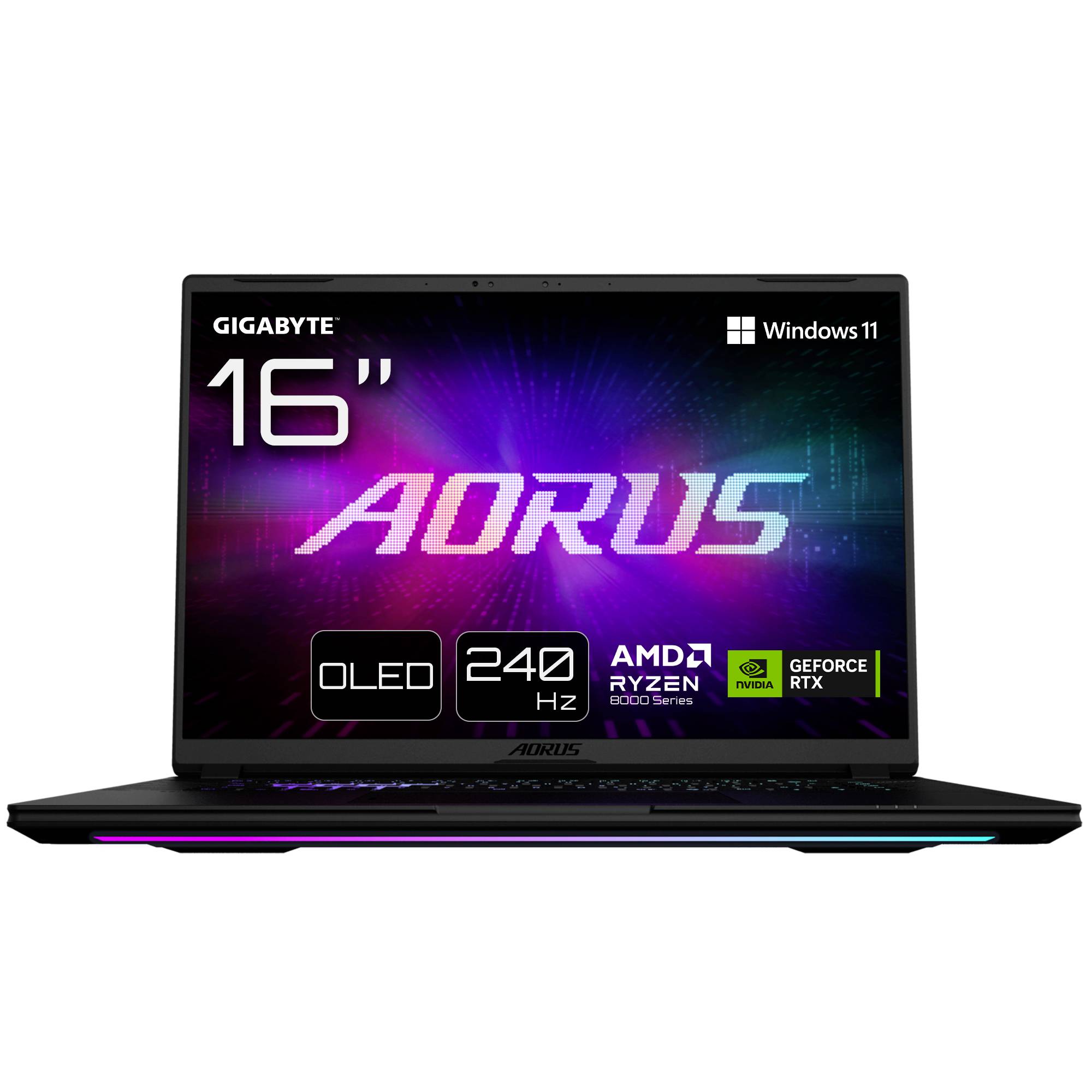 Gigabyte AORUS 16-Zoll-Laptop mit OLED, 240 Hz, Windows 11, AMD Ryzen 8000 Series und GeForce RTX Logos.
