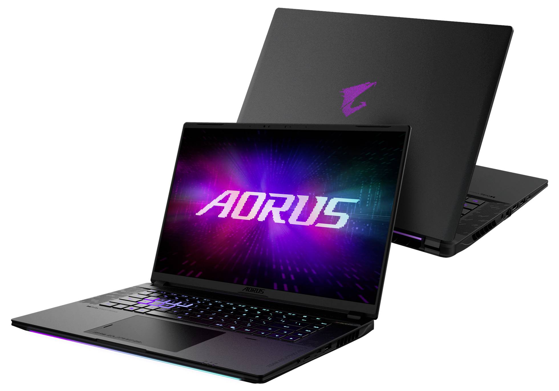 Zwei schwarze AORUS Gaming-Laptops, einer offen mit leuchtendem „AORUS"-Bildschirm und RGB-Tastatur, der andere geschlossen dahinter.