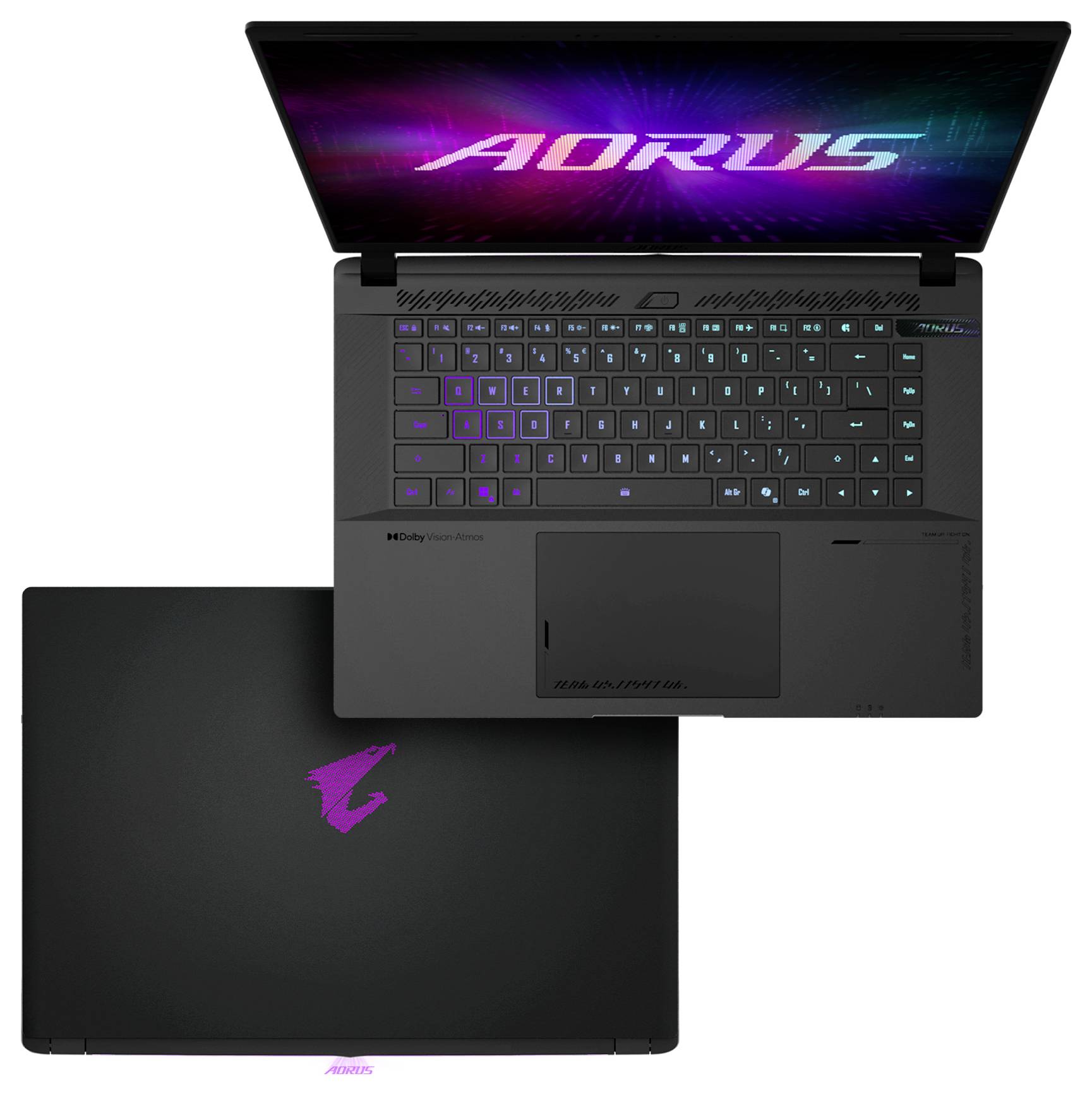 AORUS Gaming-Laptop geöffnet und geschlossen, mit schwarzem Gehäuse, RGB-beleuchteter Tastatur, großem Touchpad und leuchtendem AORUS-Logo auf dem Display und Deckel.