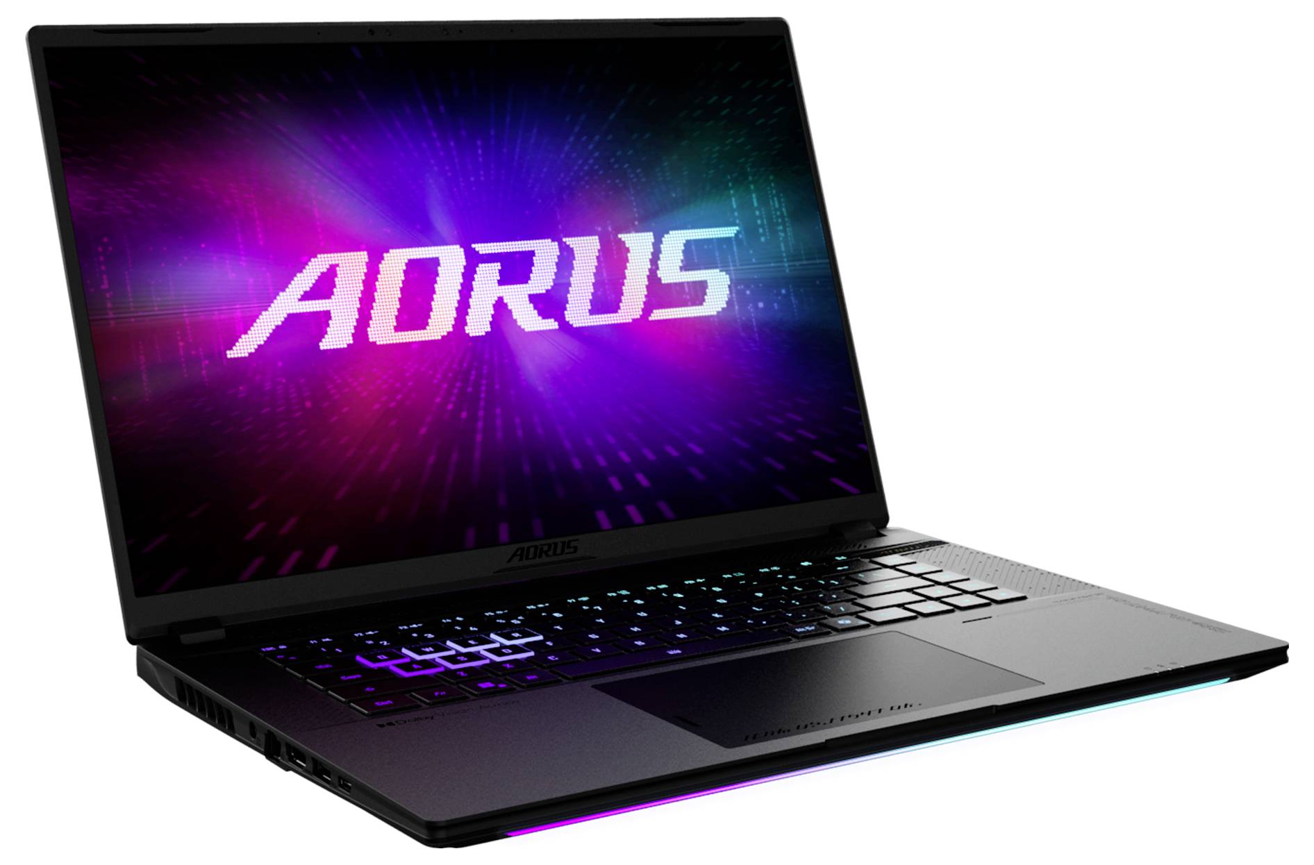 Schwarzer AORUS Gaming-Laptop auf weißem Hintergrund, mit dem AORUS-Logo auf dem Bildschirm und RGB-beleuchteter Tastatur sichtbar.