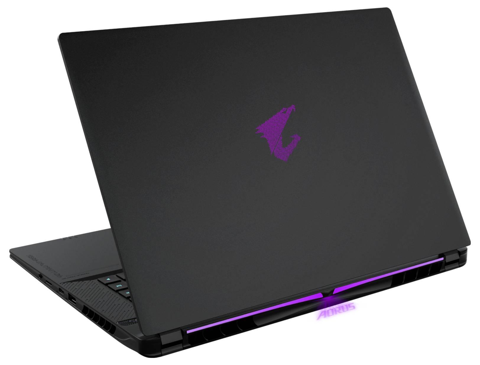 Geschlossener schwarzer GIGABYTE AORUS Gaming-Laptop mit violett beleuchtetu Logo und vorderer Lichtleiste, in einem Winkel auf weißem Hintergrund dargestellt.