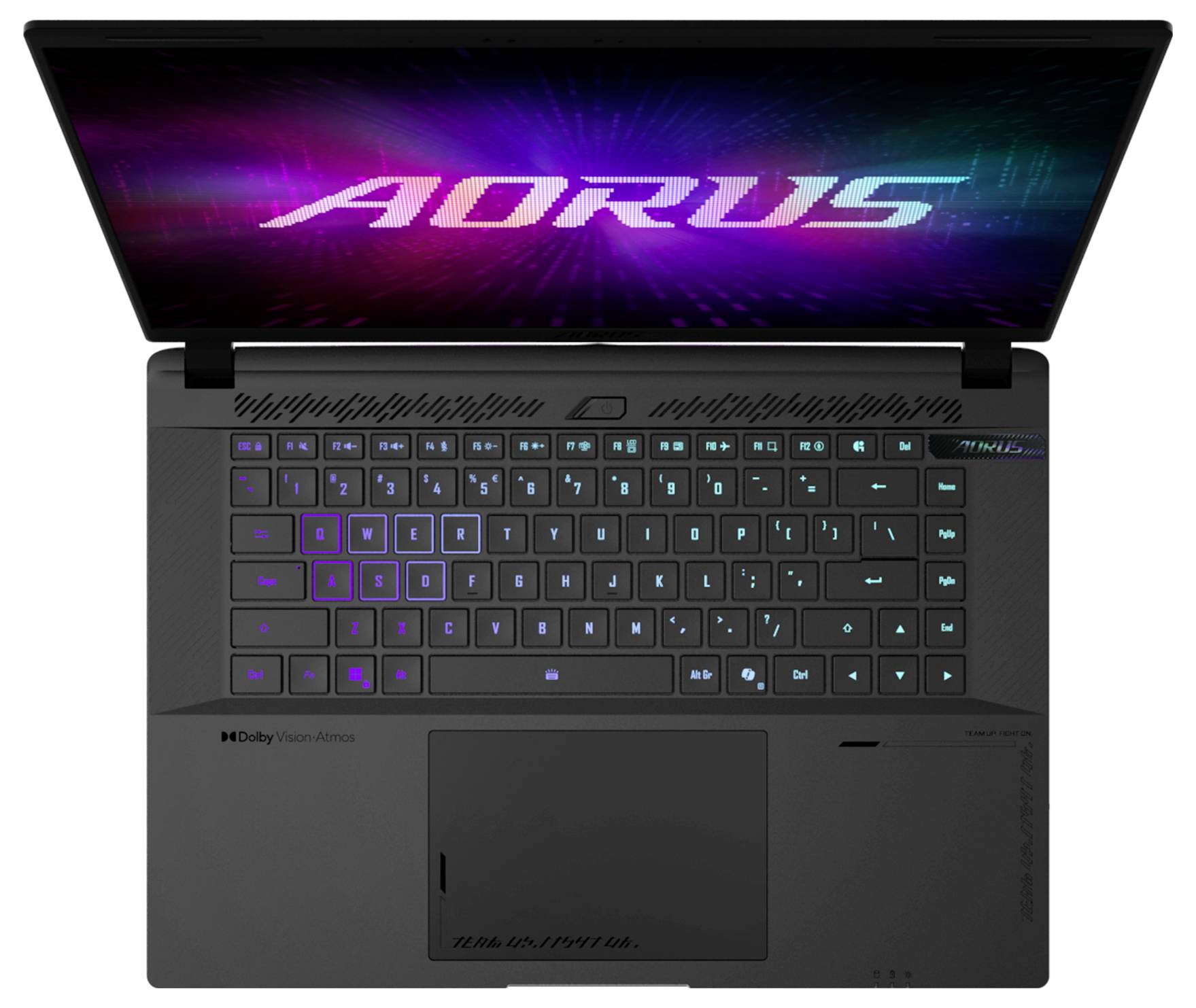 AORUS Gaming-Laptop von oben gezeigt, mit beleuchtetem Keyboard und großem Bildschirm, auf dem das AORUS-Logo auf einem Neon-Hintergrund angezeigt wird.