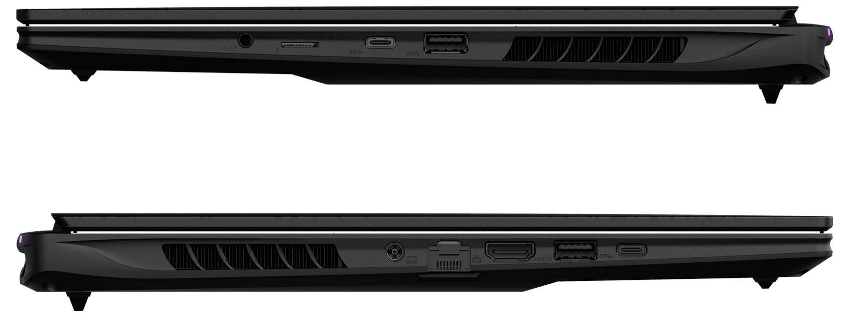 Seitenansichten eines schwarzen Laptops nebeneinander, die die linken und rechten Kanten mit Anschlüssen, Lüftungsöffnungen und Gummifüßen zeigen.