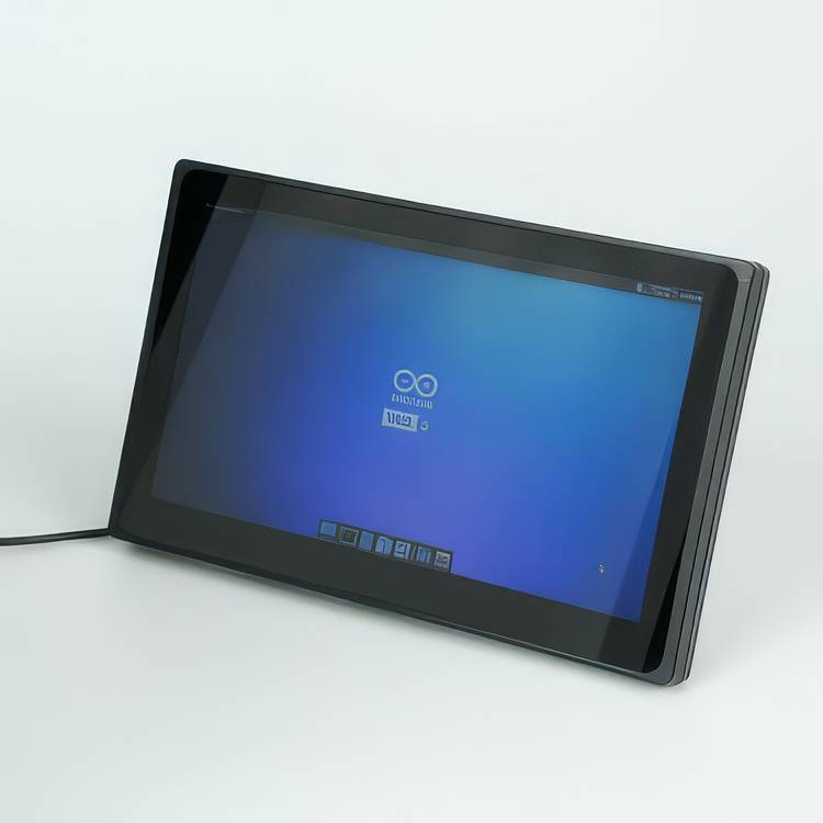 Ein geneigtes Touchscreen-Tablet, das das Arduino-Logo auf einem blauen Bildschirm vor einem weißen Hintergrund anzeigt.