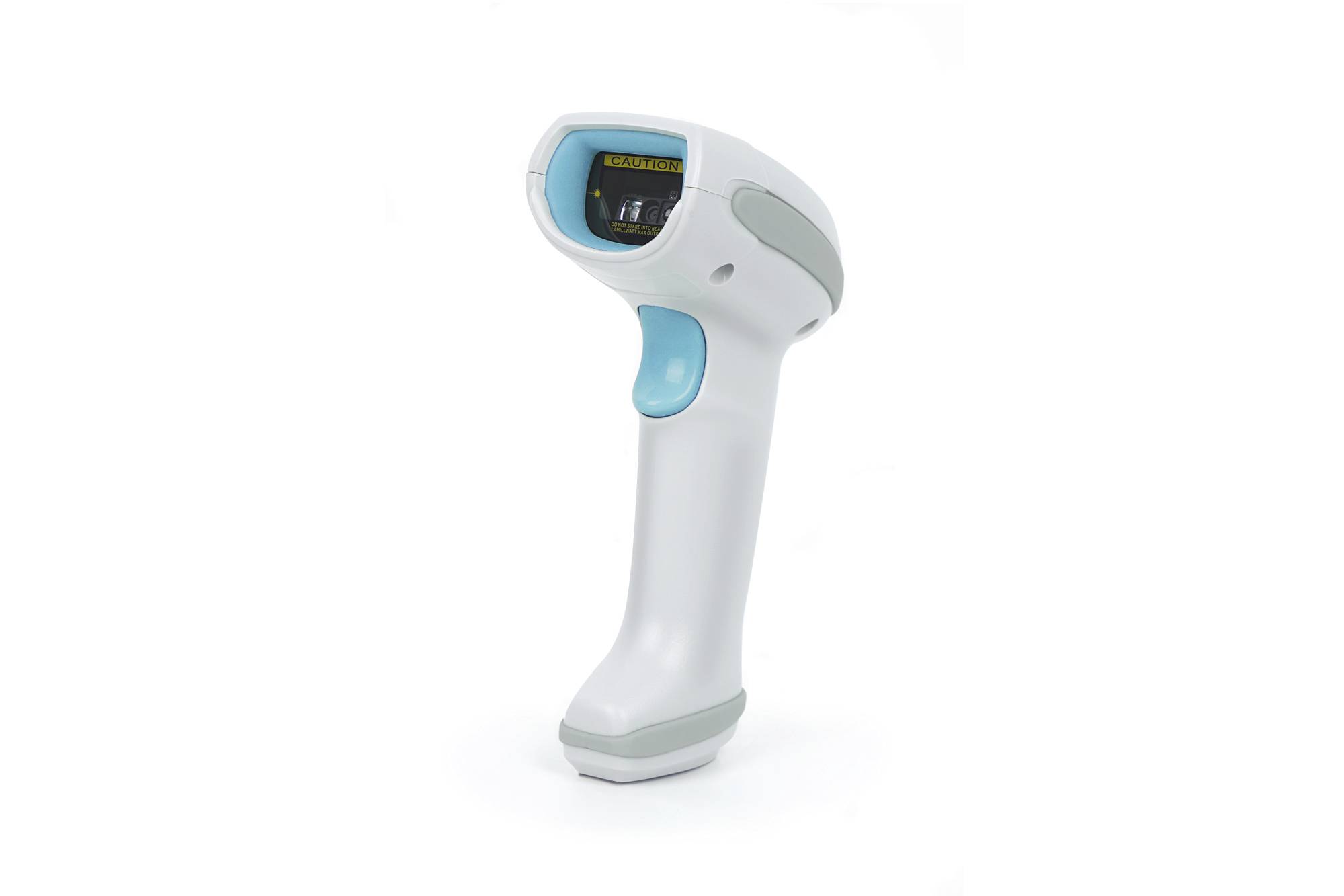 Tragbarer Barcode-Scanner mit weißem und blauem Gehäuse, auf einem einfachen Hintergrund dargestellt.