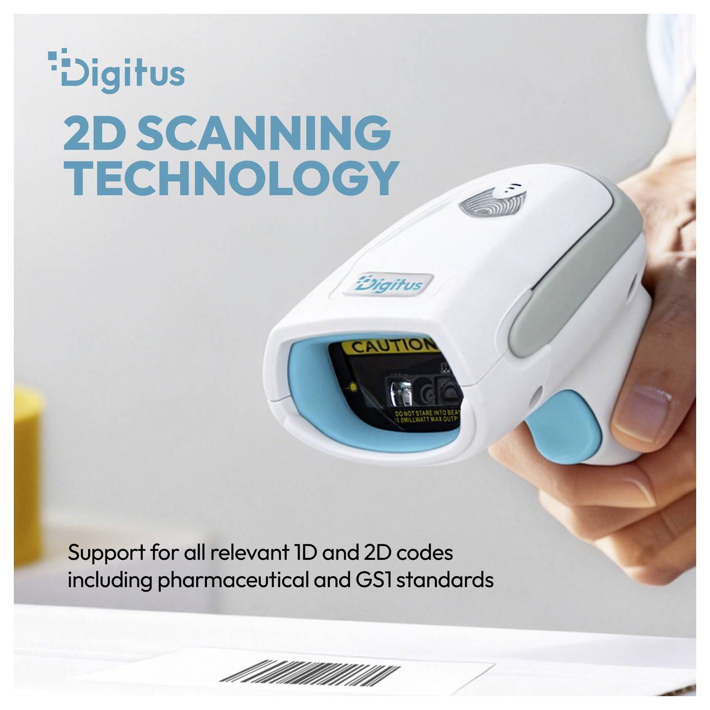 Digitus tragbarer 2D-Barcodescanner, der über einem Barcode gehalten wird, mit Text, der Unterstützung für 1D- und 2D-Codes einschließlich pharmazeutischer und GS1-Standards bewirbt.